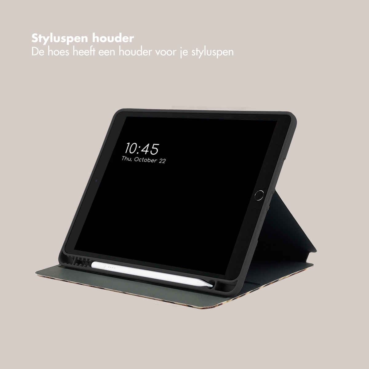 Black tablet in a case, showing the time 10:45. A stylus is in the case.