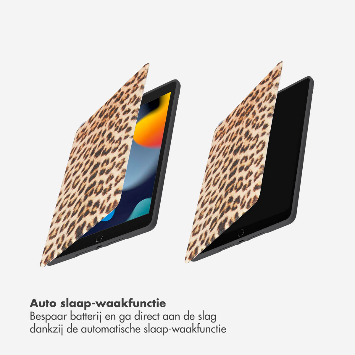 Tablet case open, leopard print design. Shows the tablet and the cover.