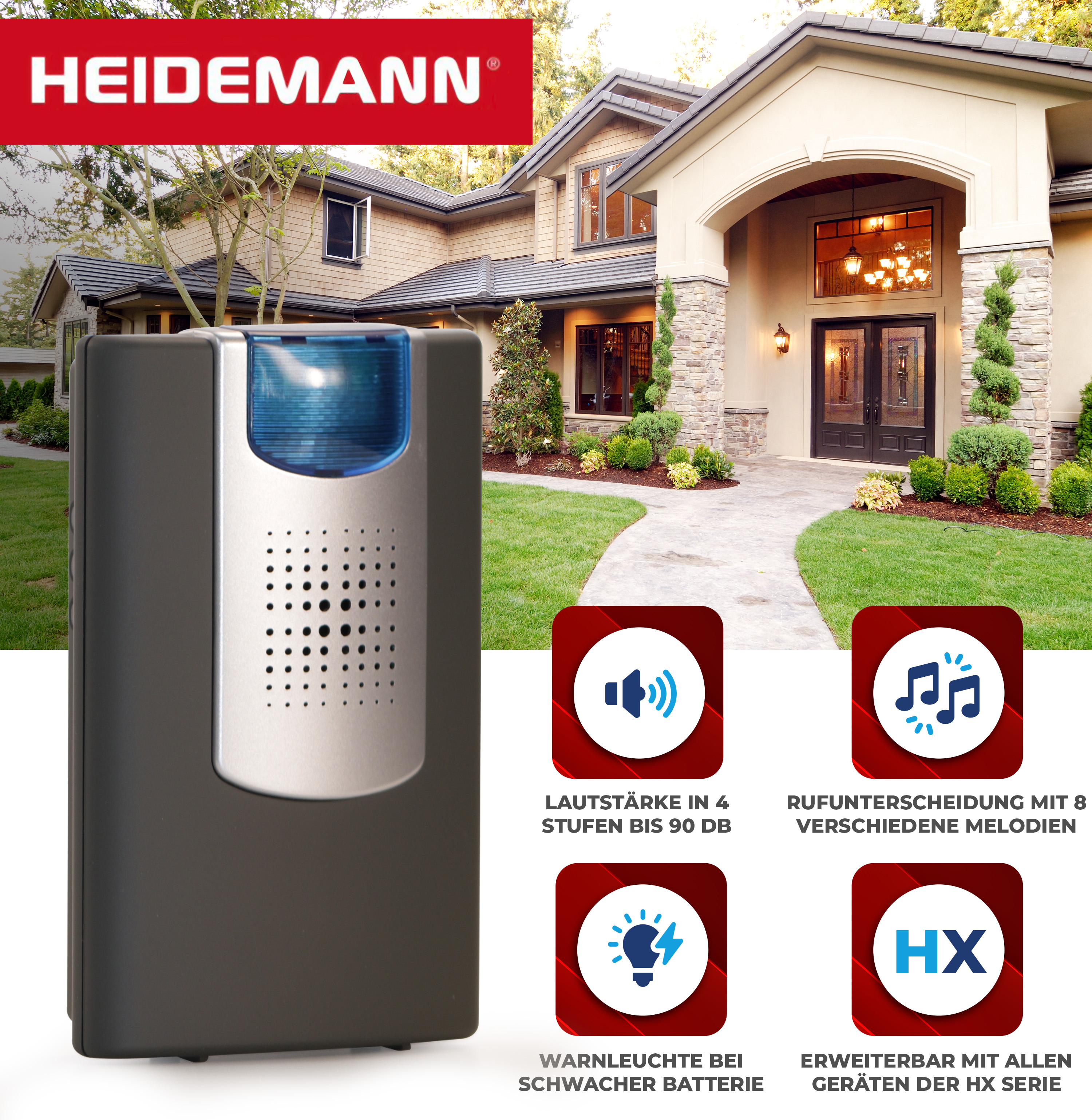 Ein Heidemann-Türklingelsystem wird mit Symbolen für Ton, Melodien, Batterie und HX-Geräte gezeigt.