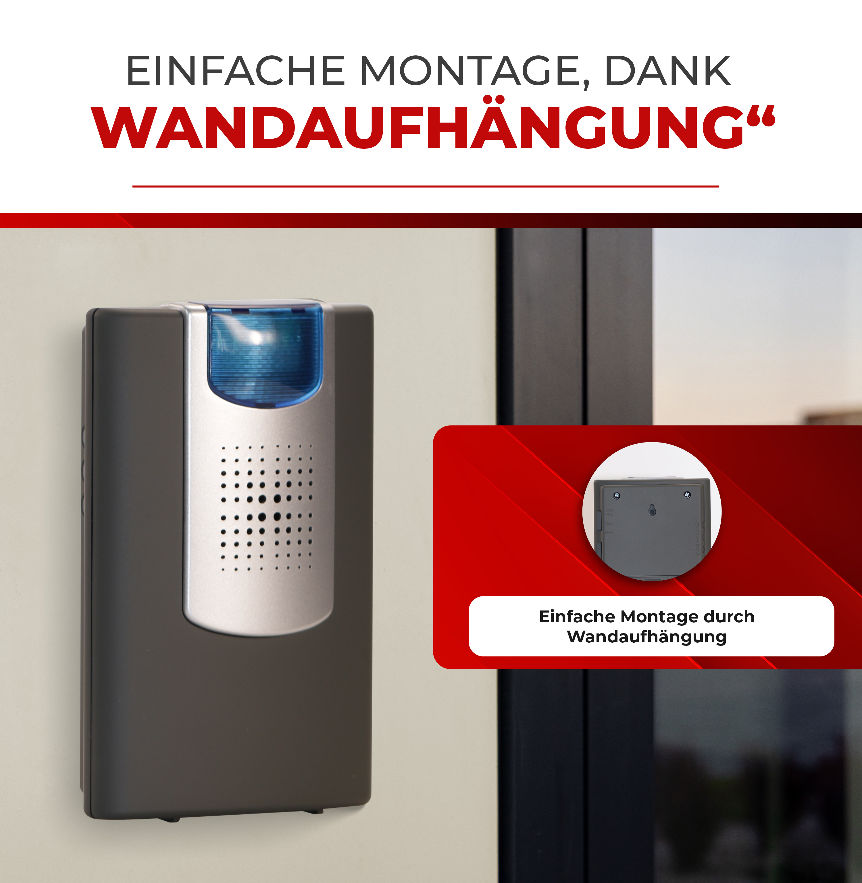 Eine schwarze Türklingel mit blauem Licht, an einer weißen Wand montiert. Mit rotem Text.