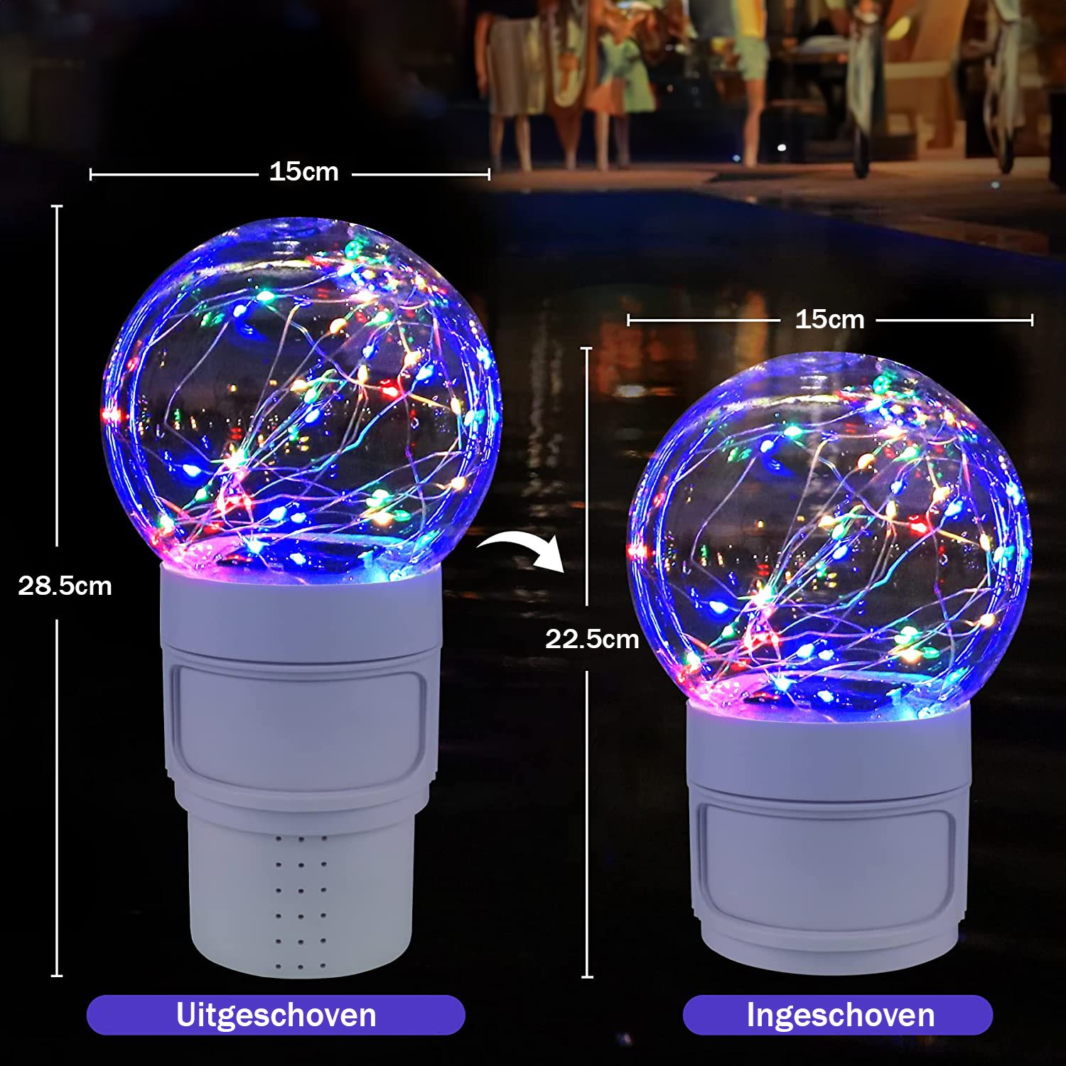 Zwei beleuchtete dekorative Glaskugeln mit bunten Lichtern.