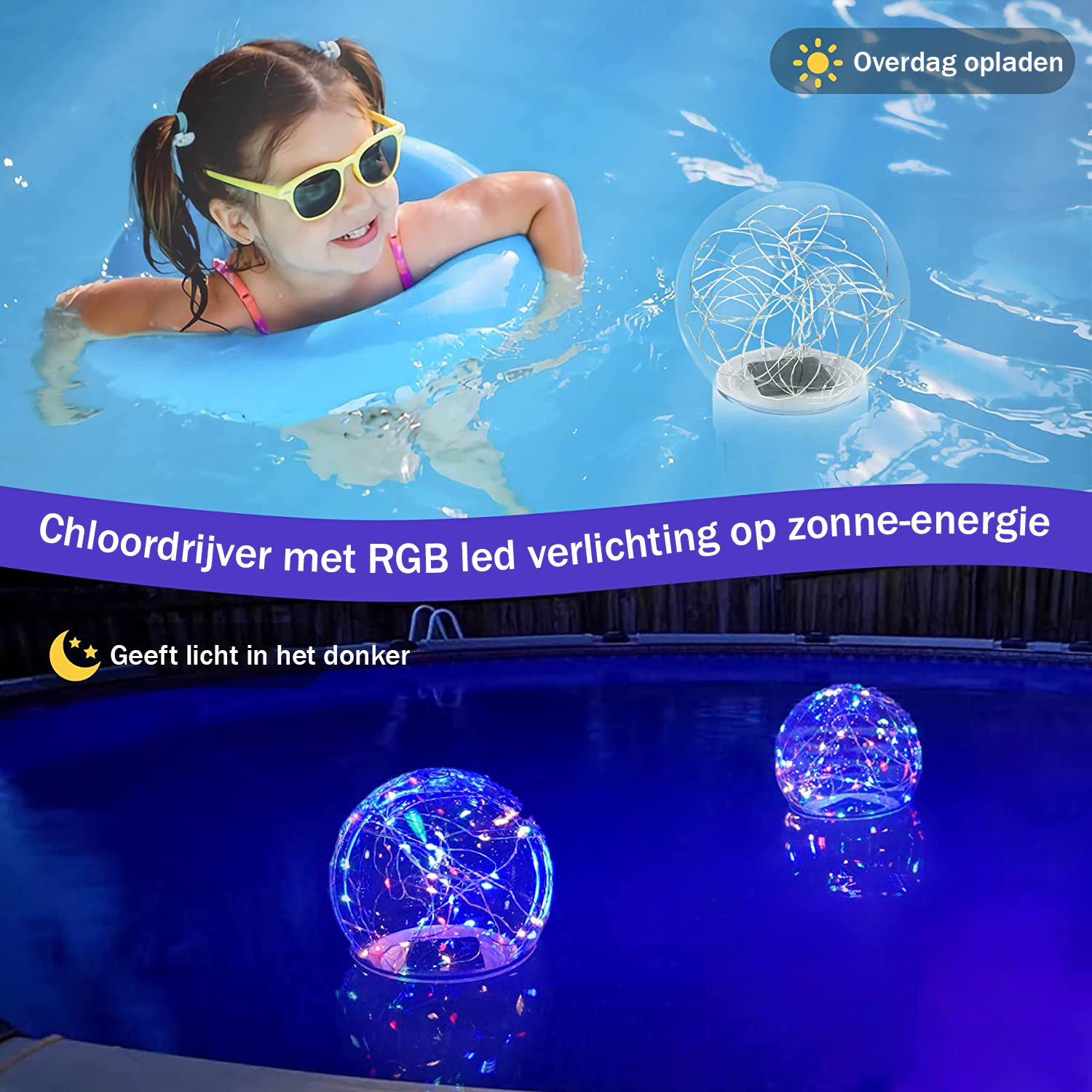Mädchen im Pool mit blauem Schwimmring und leuchtenden Kugeln mit Lichtsträngen im Wasser.
