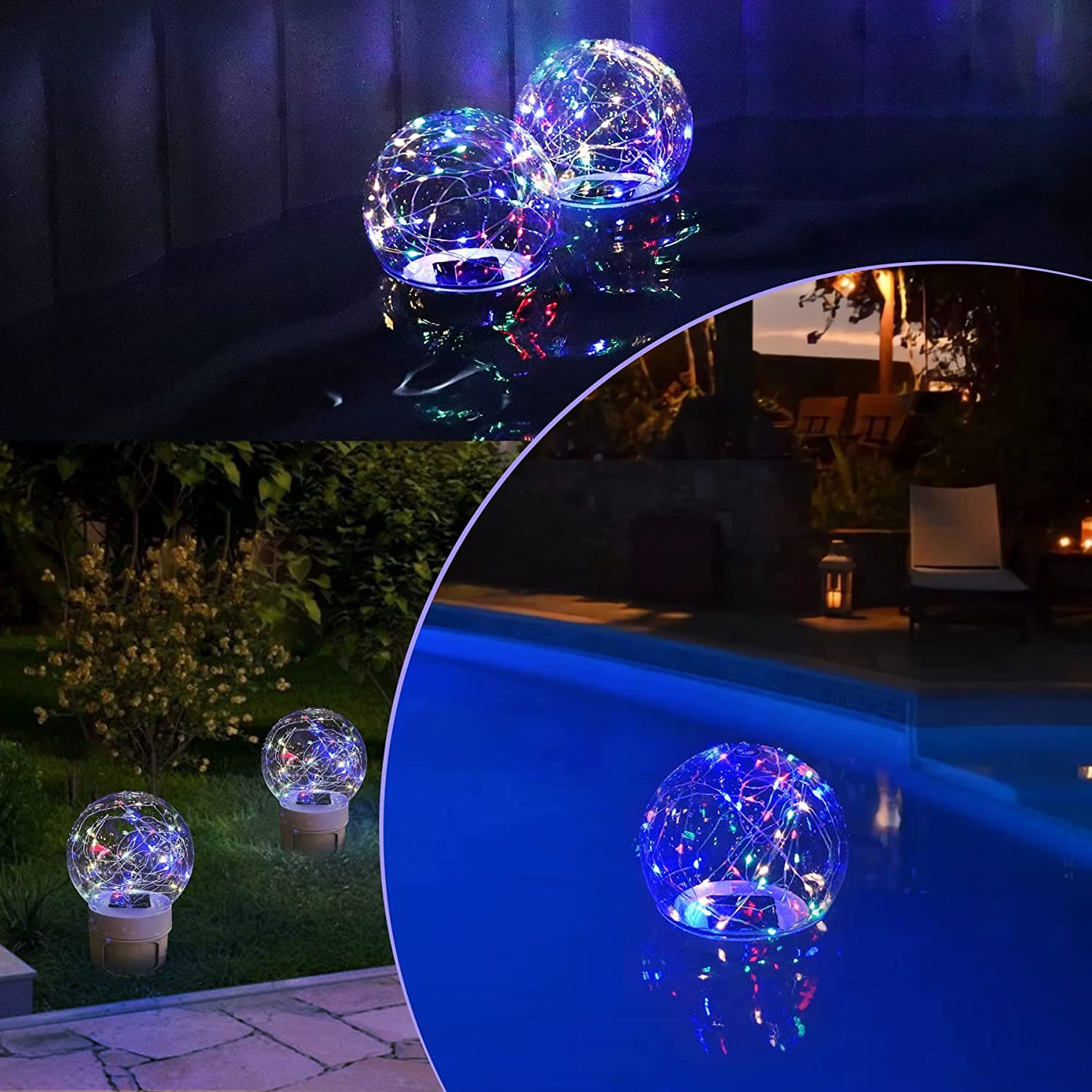 Drei Glaskugeln mit bunten Lichtern, eine im Pool und zwei auf dem Rasen. Reflexionen sichtbar.