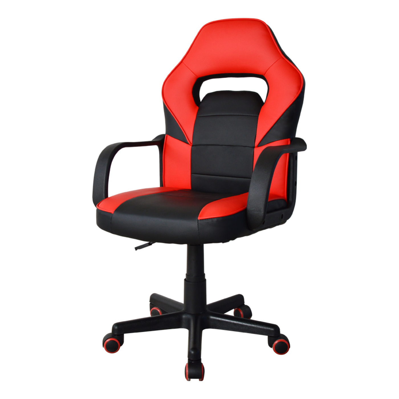 Gaming stoel met rode en zwarte kleuren. De stoel staat op wielen.