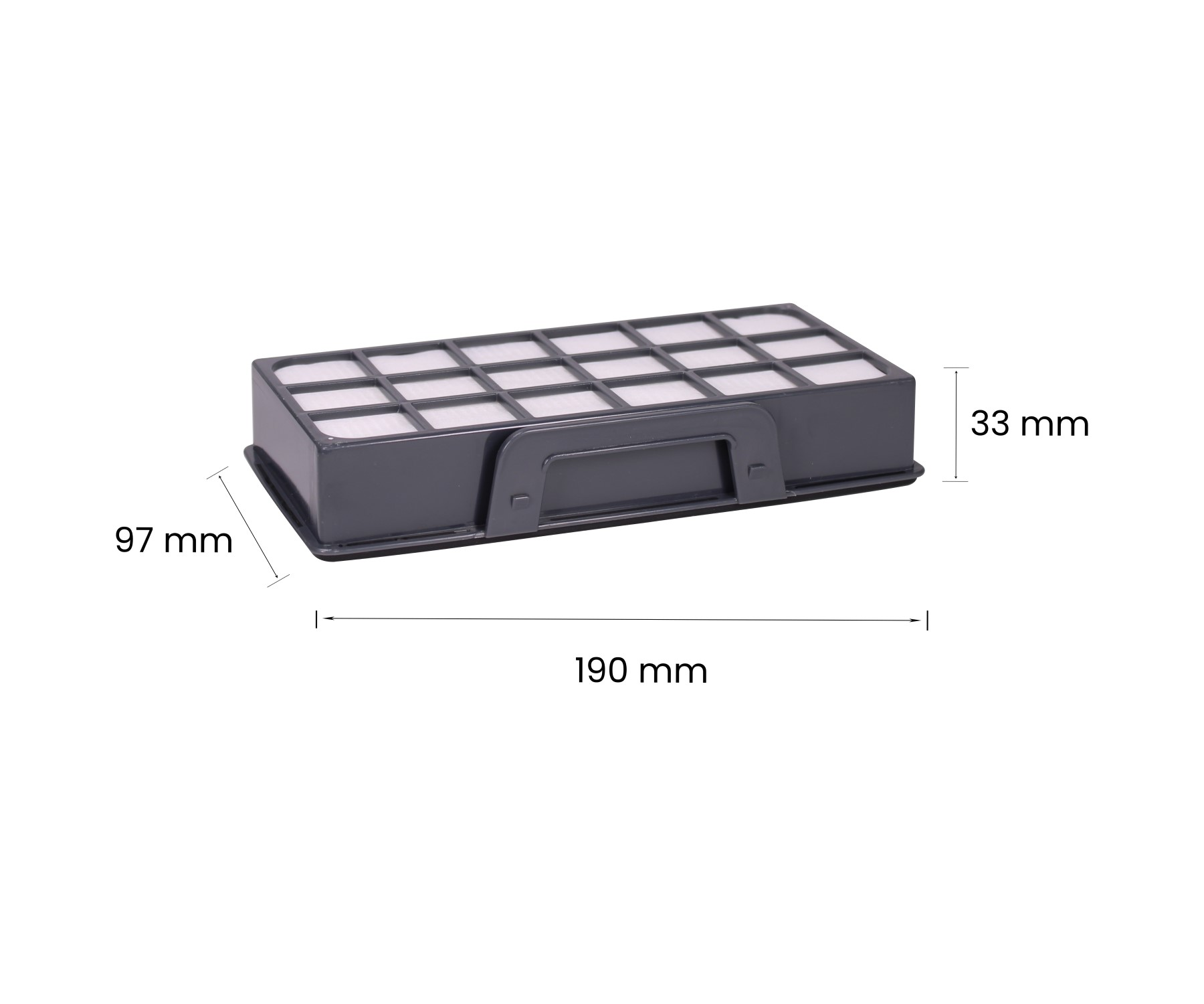 Luftfilter mit Abmessungen: 97 mm x 190 mm x 33 mm. Es hat einen Griff.
