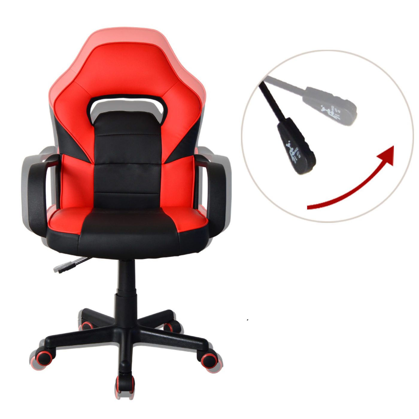 Rode en zwarte gamingstoel met een hendel voor hoogteverstelling, op een witte achtergrond.