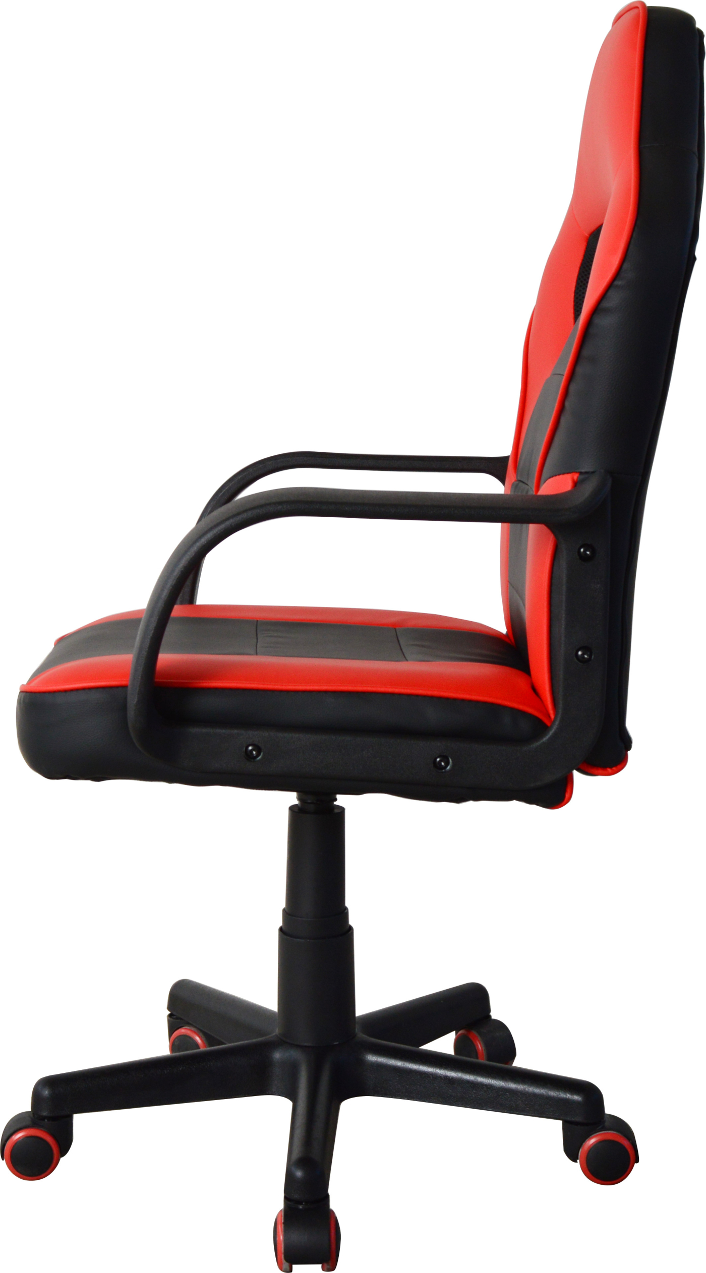 Een zwarte en rode gamingstoel, van de zijkant gezien. Hij heeft een zwarte basis, rode wielen en armleuningen.