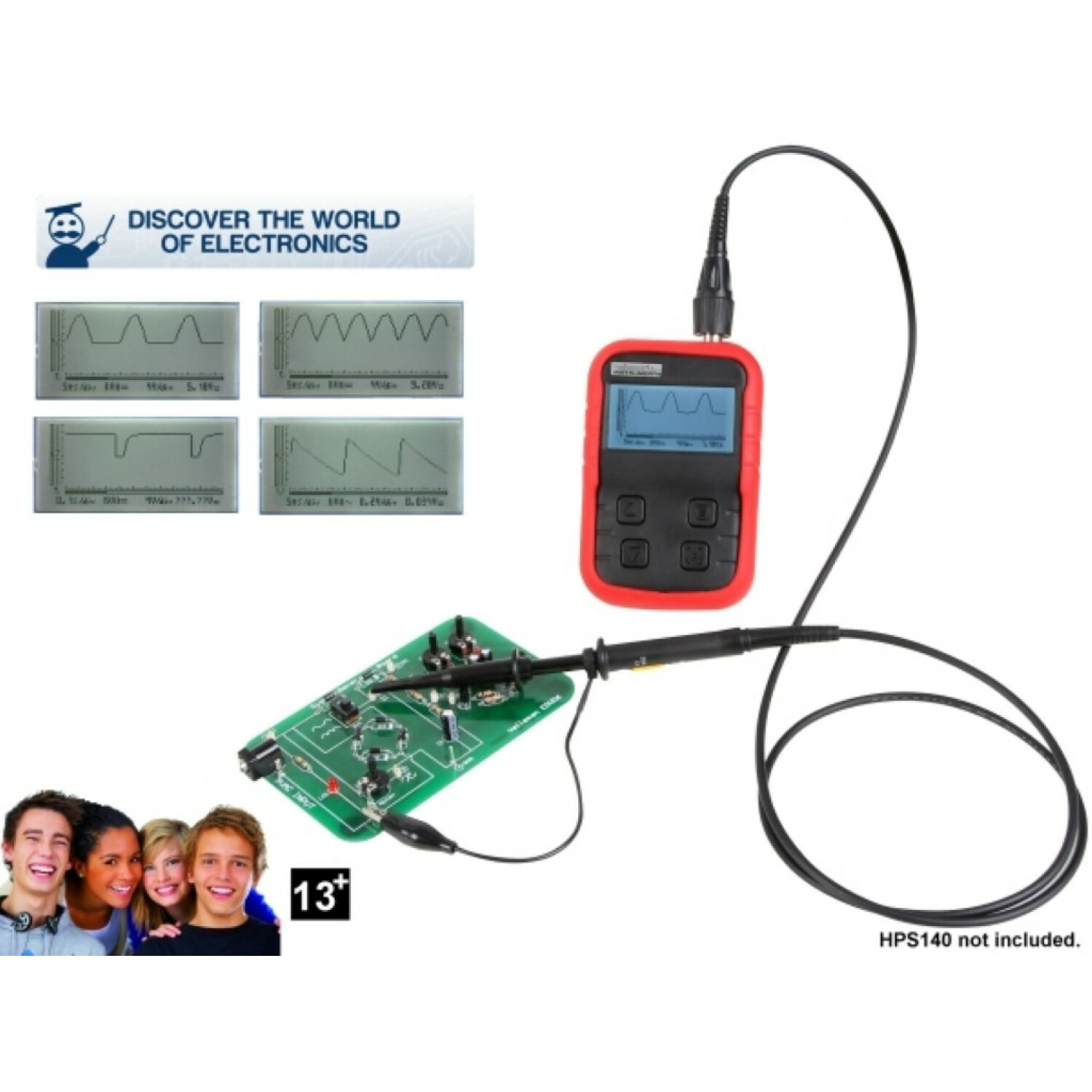 Ein Elektronik-Lernbausatz mit einem roten Gerät, einer Leiterplatte und vier kleinen Wellenformanzeigen.