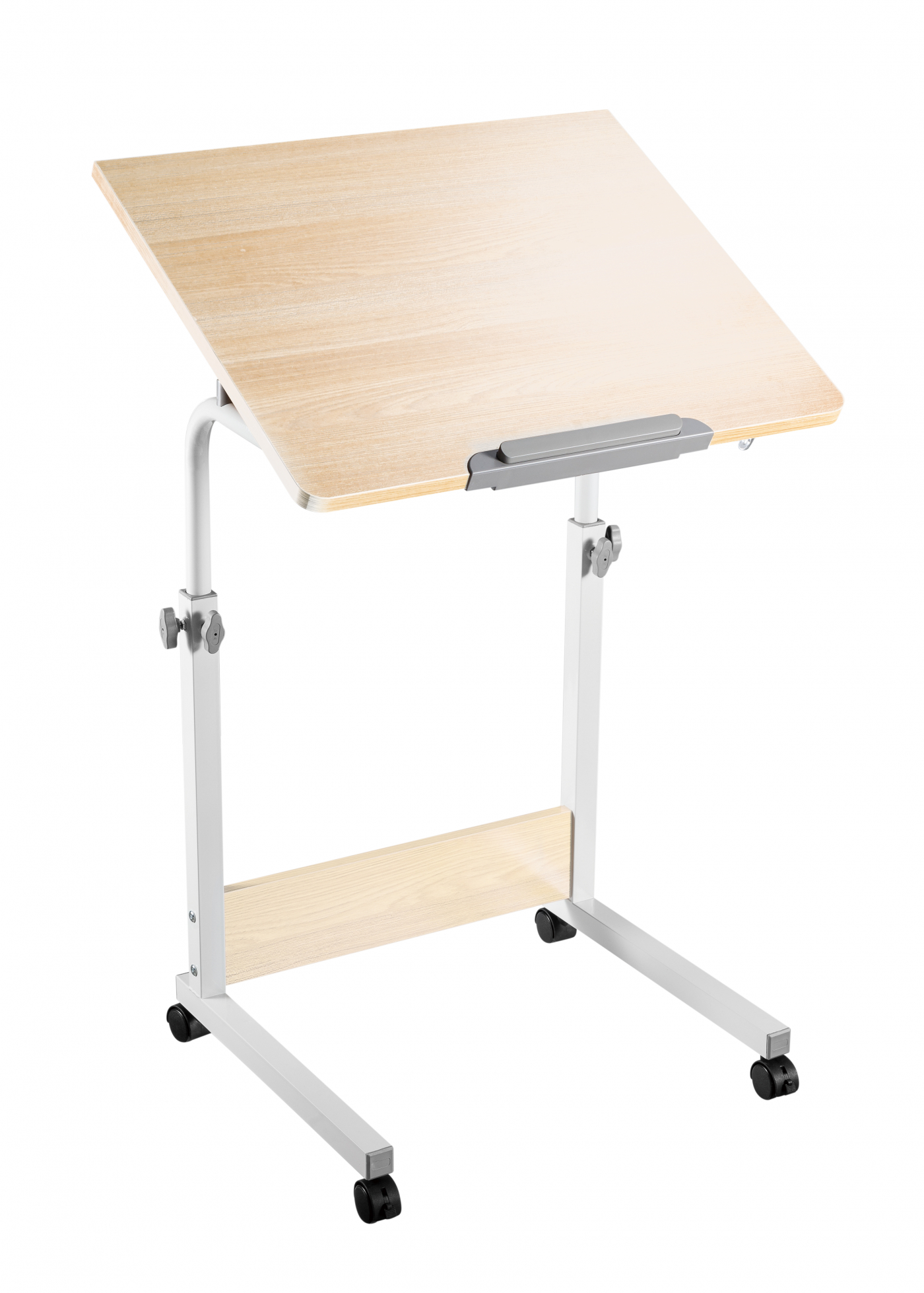Mobiel houten bureau met verstelbare hoogte, wit frame en wielen.