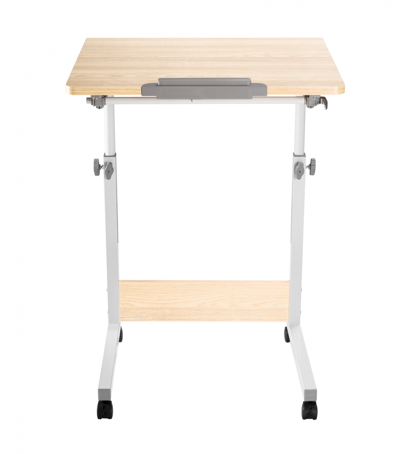 Licht houten bureau met plank, ondersteund door witte, verstelbare poten met wielen.