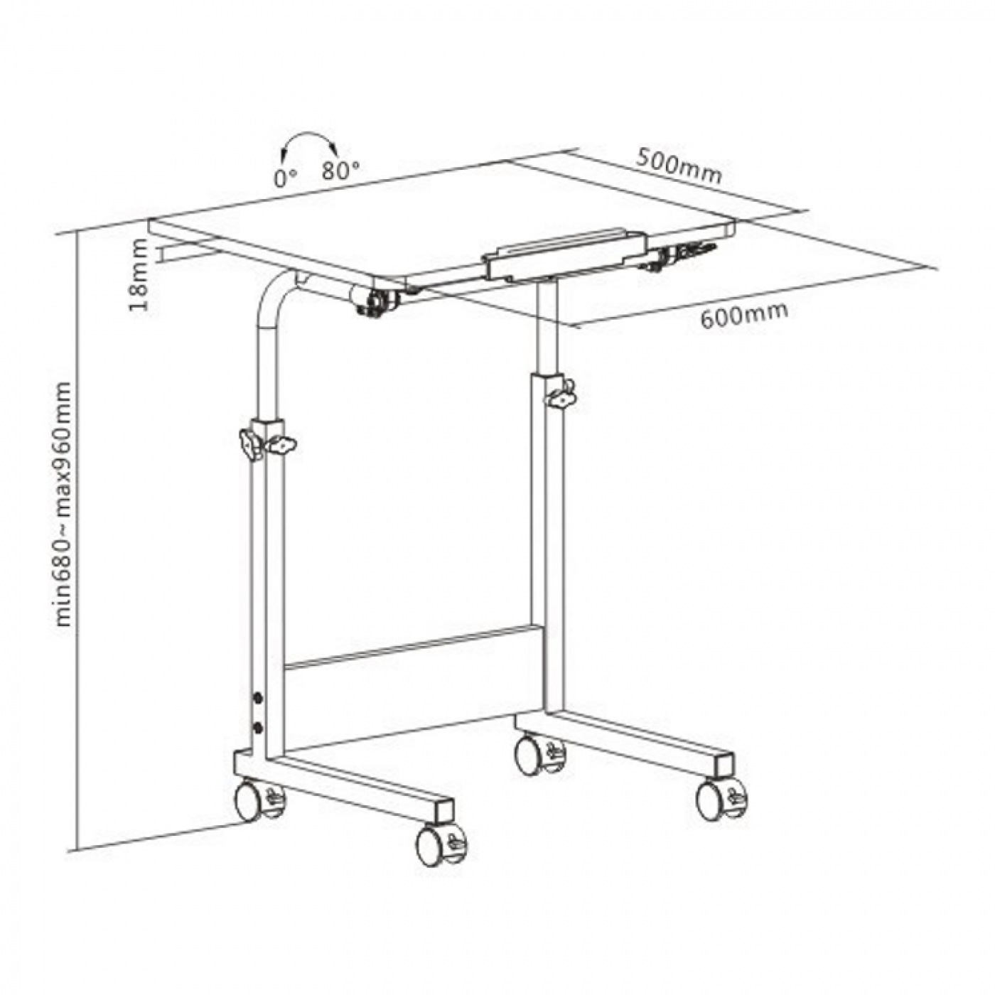 Mobiel bureau met wielen, zwarte tafel en metalen frame. Afmetingen worden aangegeven.