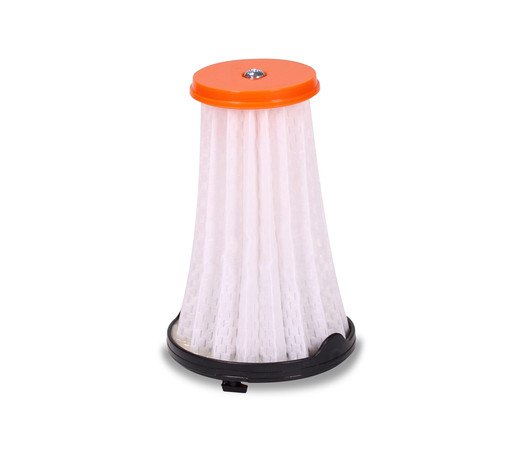 Weißer Staubsaugerfilter mit orangefarbenem Deckel und schwarzem Sockel.