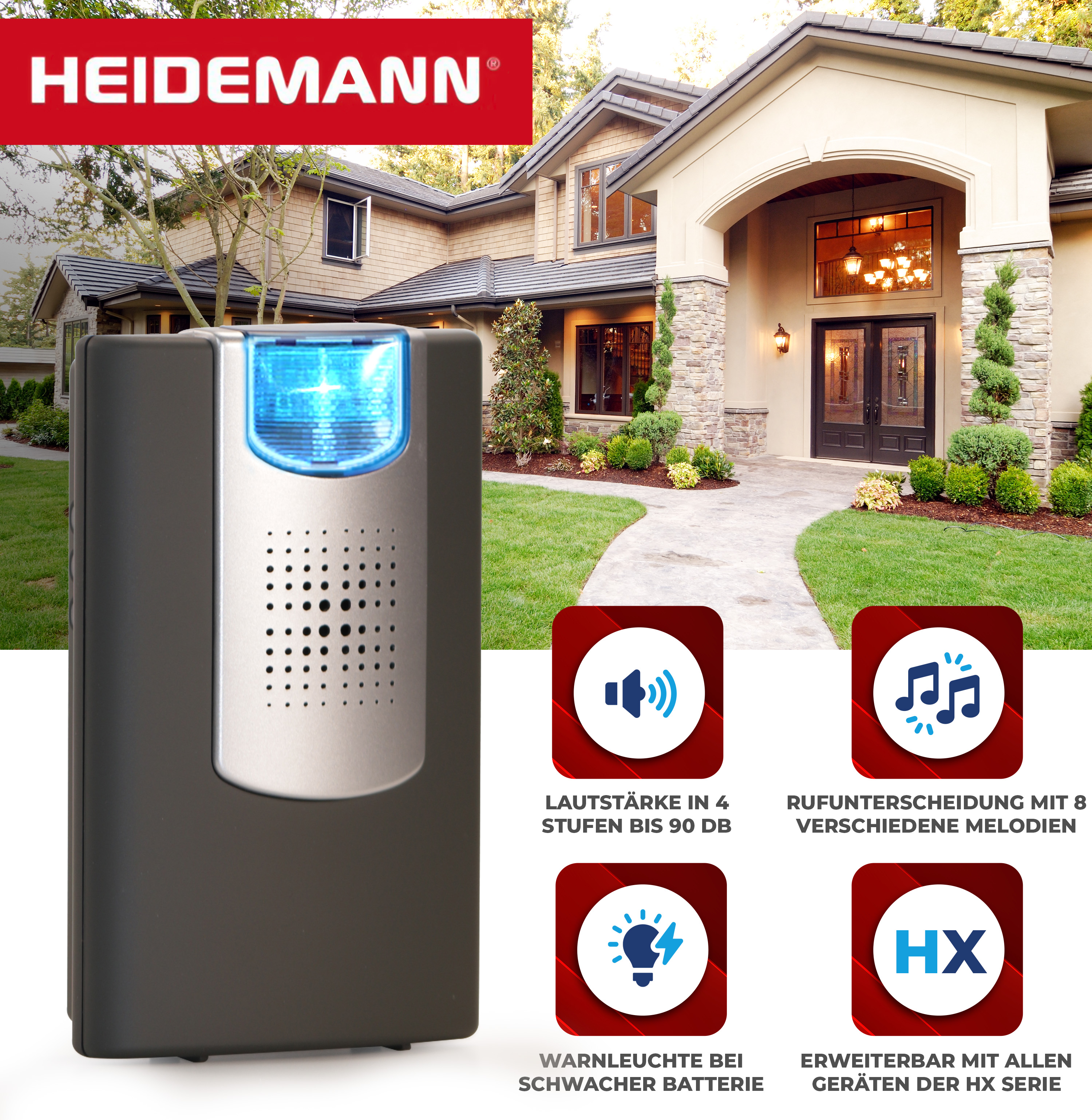 Heidemann-Türklingel mit Symbolen für Lautstärke, Melodien, Batterie und Kompatibilität mit anderen Geräten.