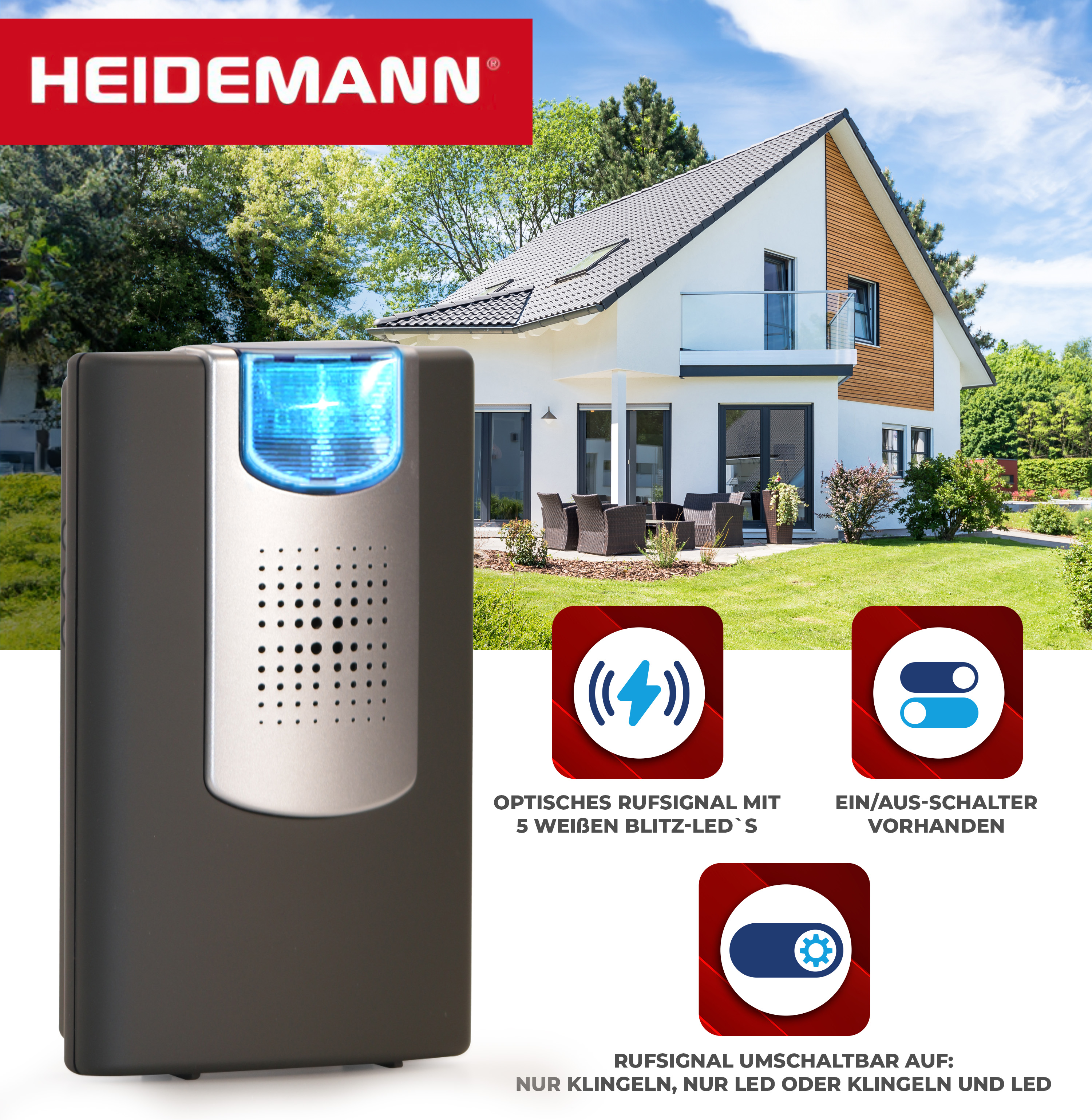 Schwarze Türklingel mit blauem Licht, Haus im Hintergrund. Text auf den Bildern.