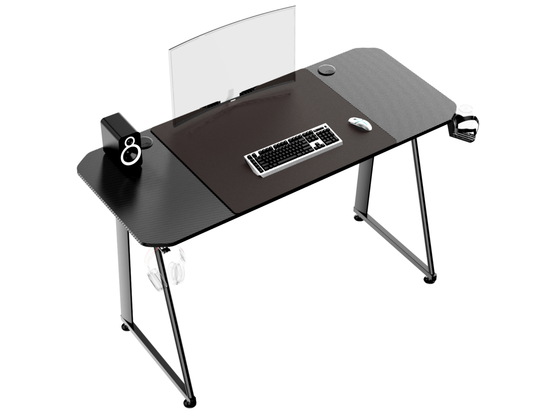 Gaming-Schreibtisch mit schwarzer Platte, Monitor, Tastatur, Maus und Lautsprecher. Weißer Hintergrund.