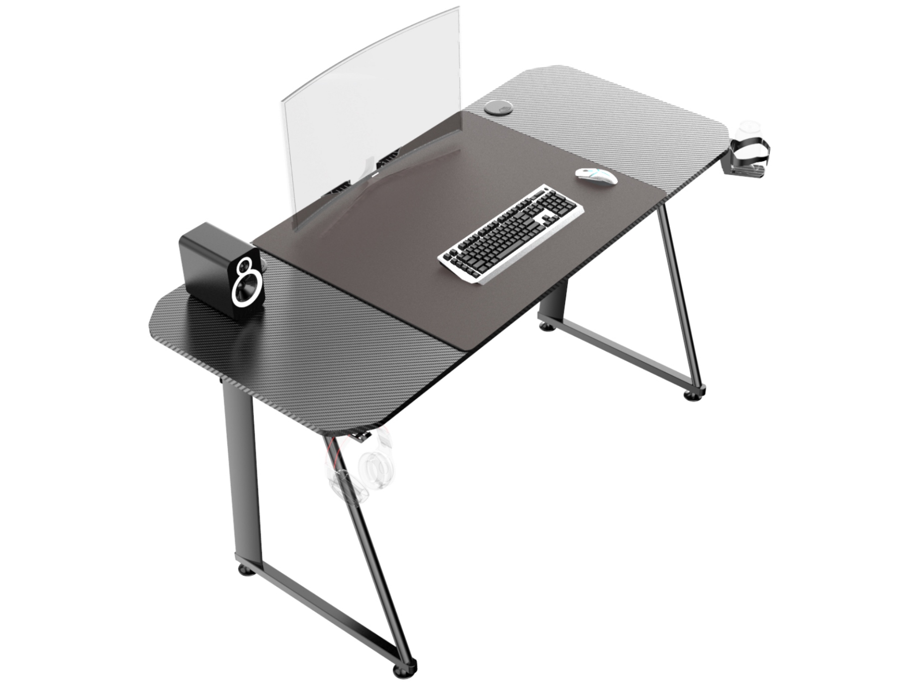 Gaming-Schreibtisch mit schwarzem Karbonfasermuster. Mit Tastatur, Maus und Monitorständer.