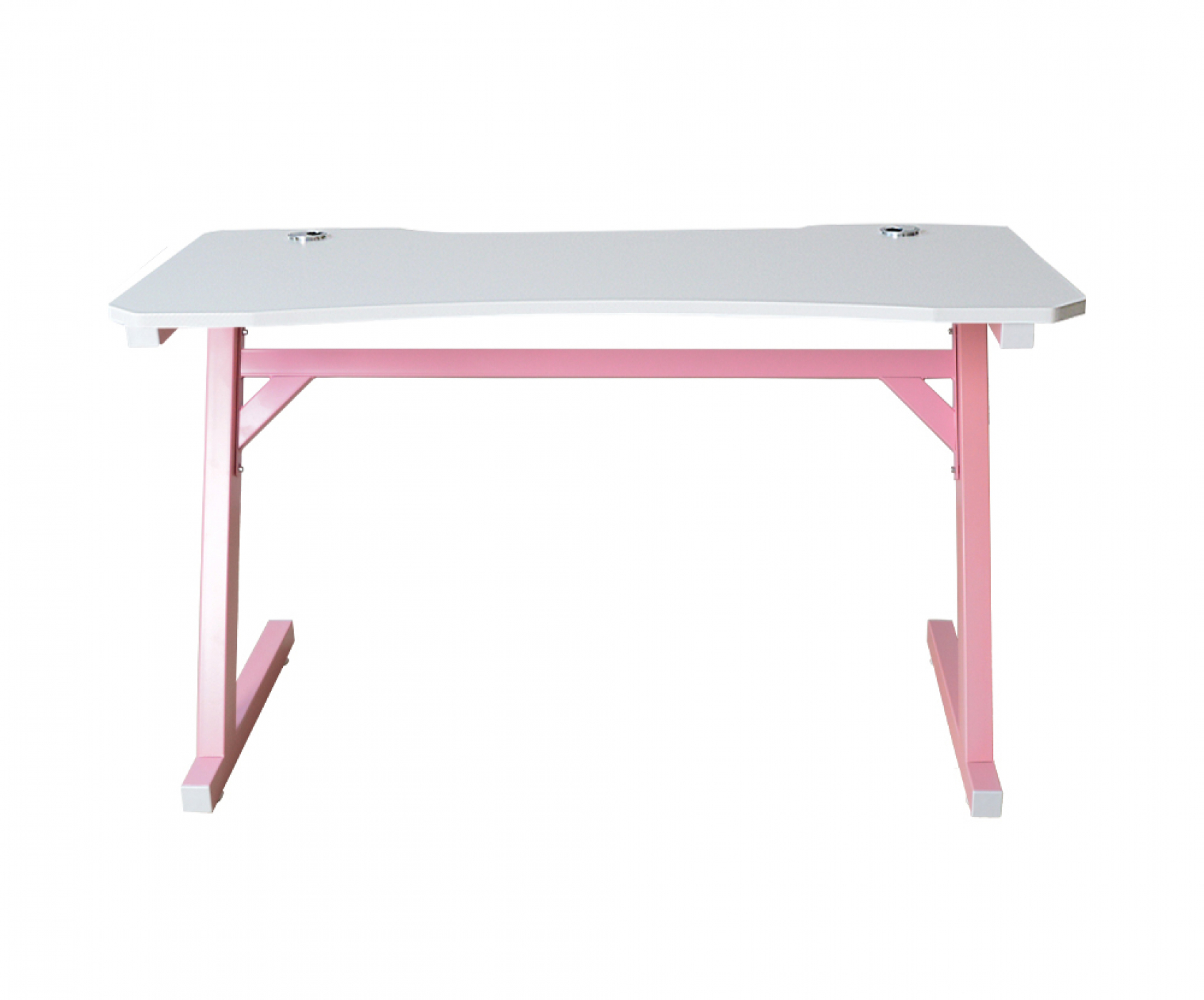 Een witte en roze gamingtafel is geïsoleerd op een witte achtergrond. De tafel heeft roze poten en een wit tafelblad.