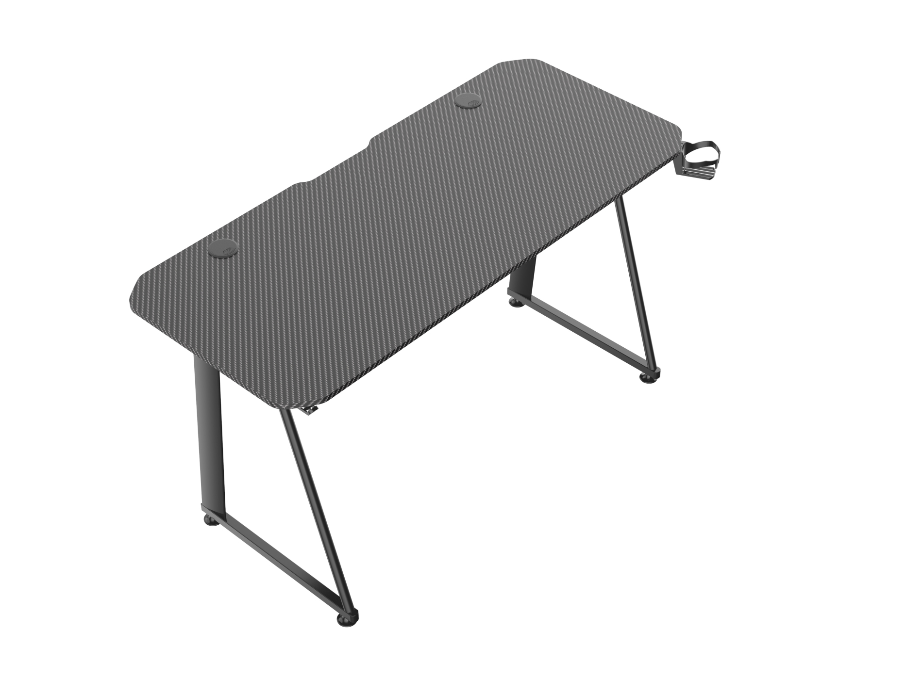 Gaming-Schreibtisch mit schwarzem Kohlefaser-Design und Metallbeinen. Der Schreibtisch hat einen Getränkehalter.