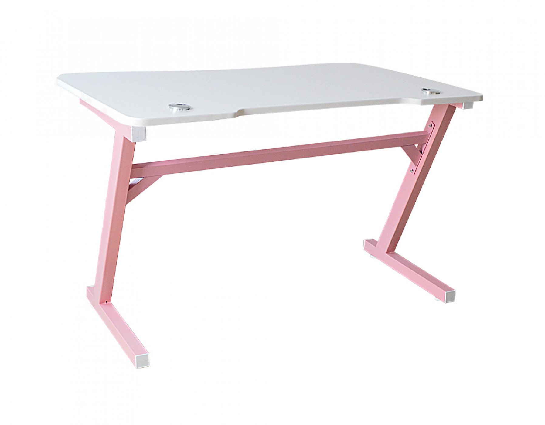 Een witte bureau met een roze Z-vormig frame.