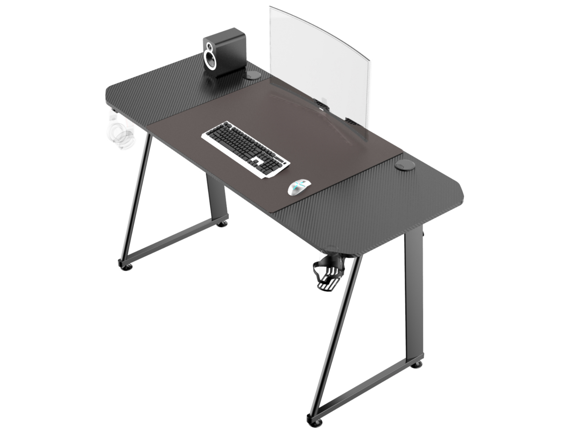 Gaming-Schreibtisch mit schwarzer Oberseite, geschwungener Front und Lautsprecher. Tastatur, Maus und zwei Becherhalter.