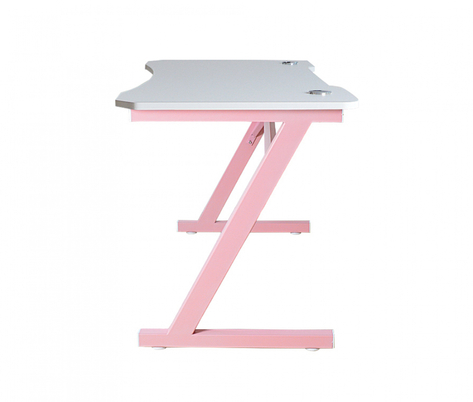 Een roze en witte computerbureau met een Z-vormig pootontwerp, van de zijkant gezien.