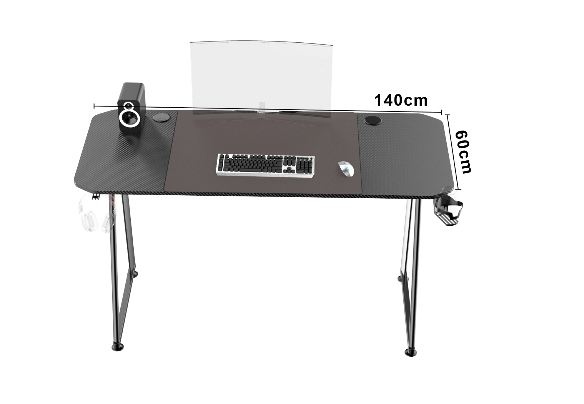 Ein schwarzer Gaming-Schreibtisch mit Monitor, Tastatur, Maus und Zubehör.