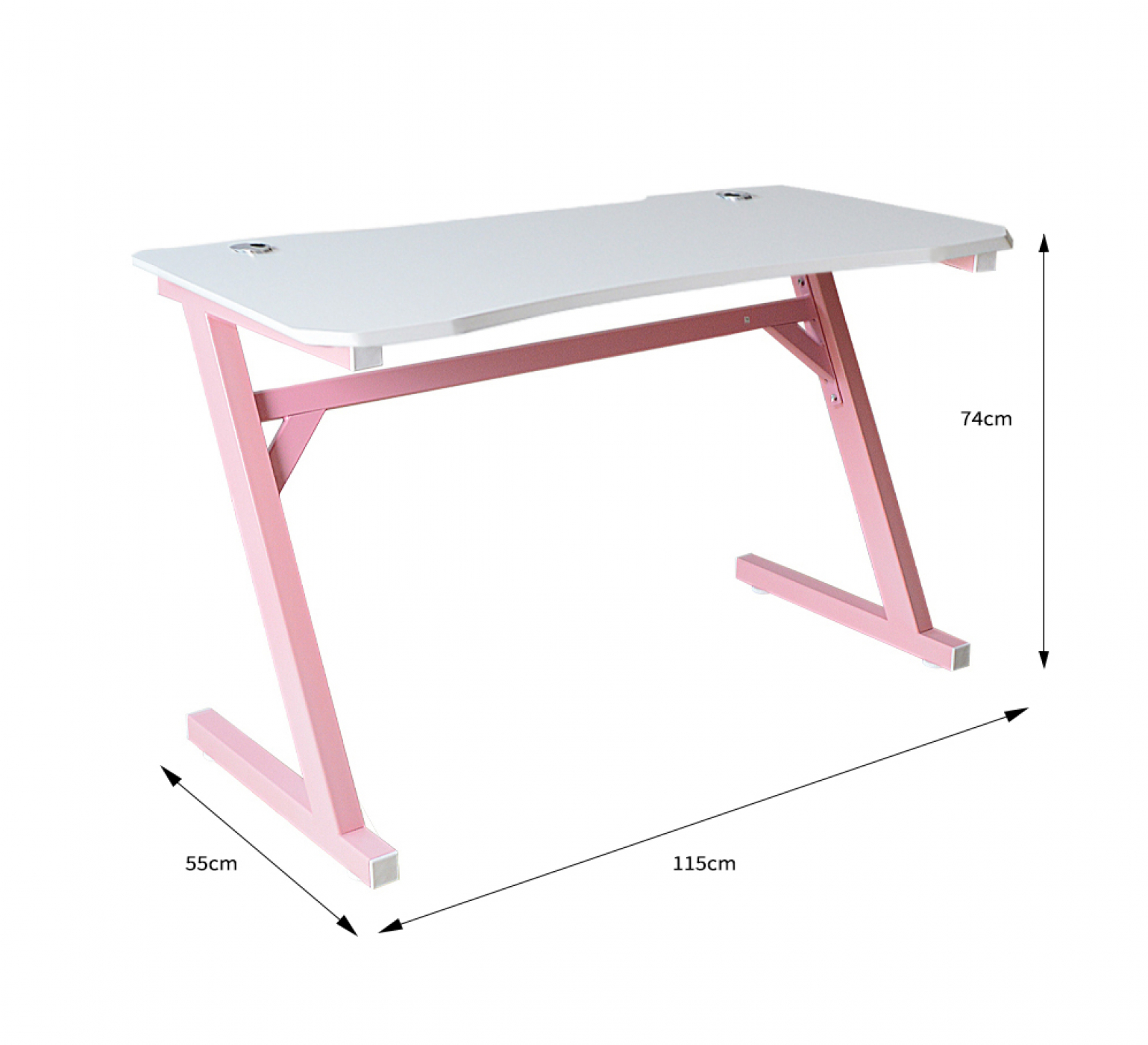 Roze en witte gamingtafel met afmetingen. De tafel is 115 cm lang en 74 cm hoog.