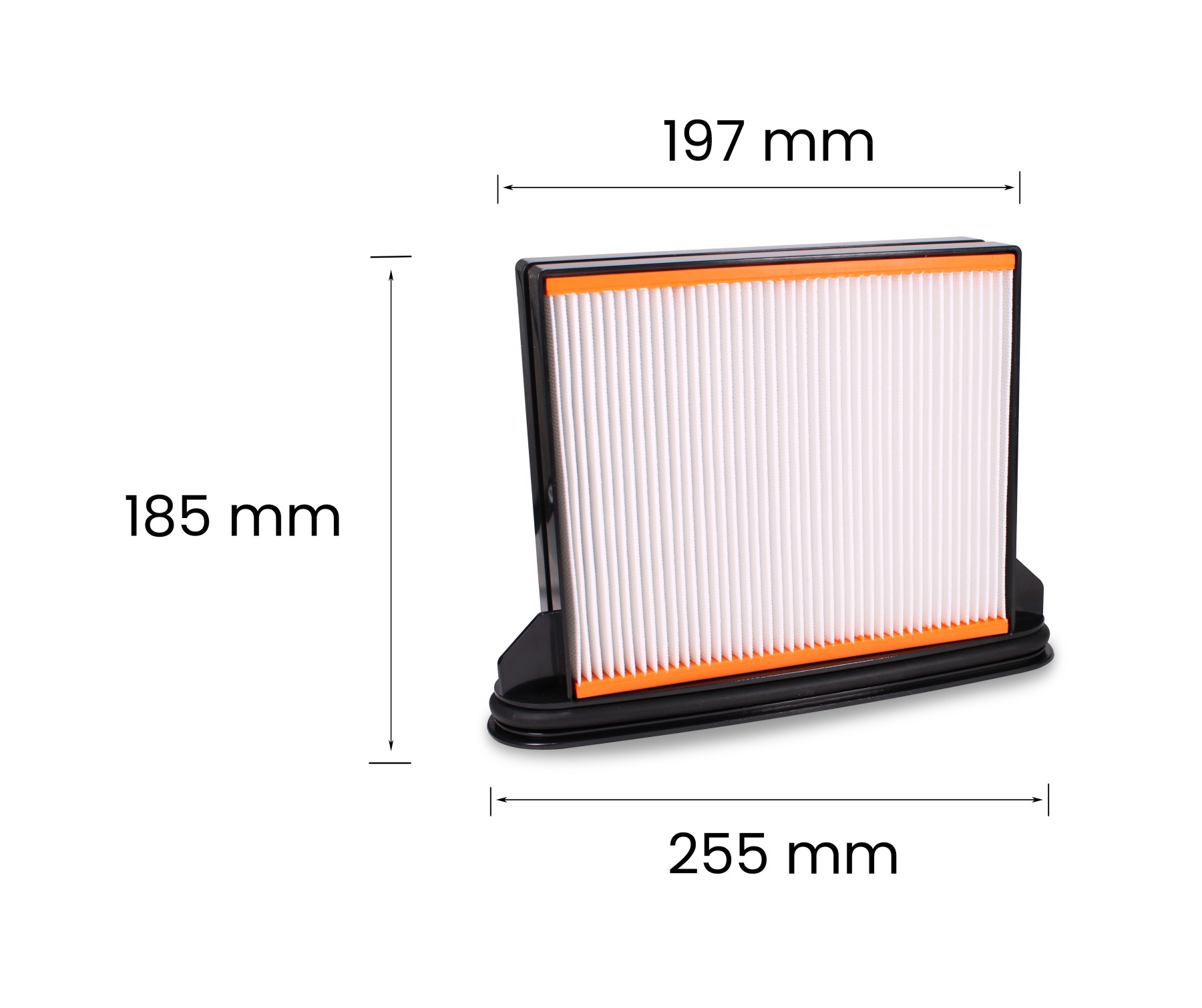 Ein Luftfilter mit beschrifteten Abmessungen. Es ist rechteckig, schwarz und weiß mit orangen Akzenten.