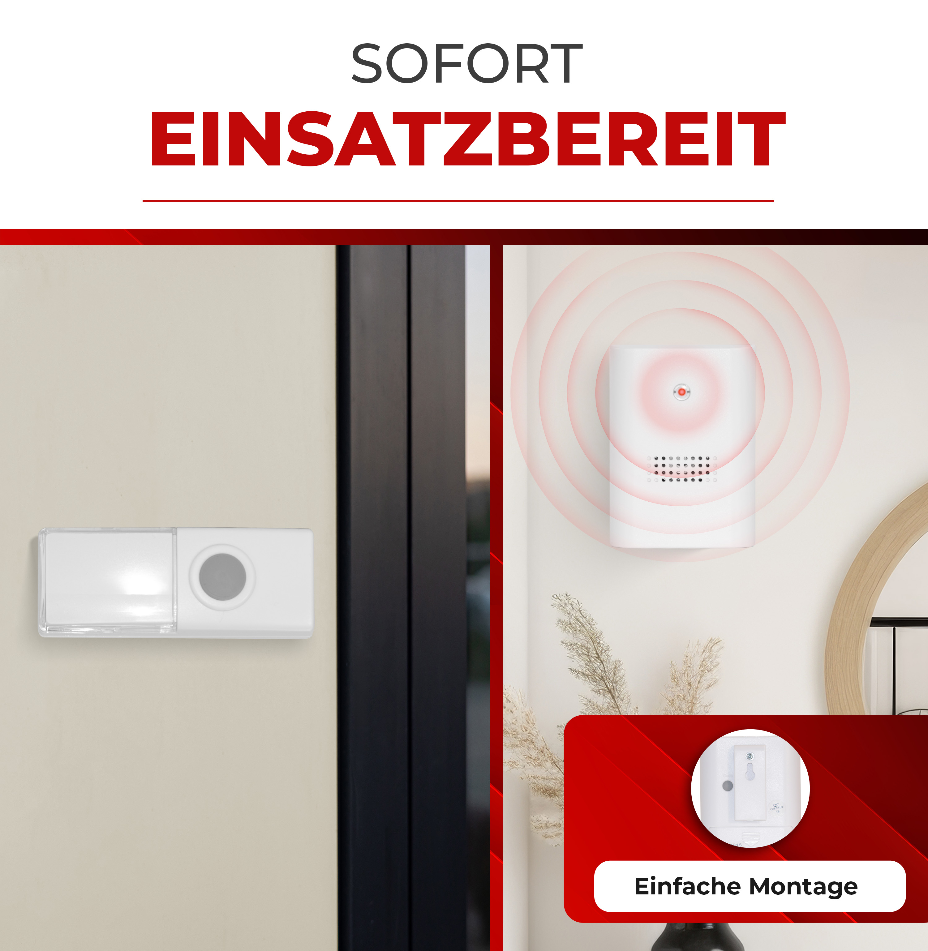 Eine weiße Türklingel an einer Wand mit einer roten Kreisschrift, darüber steht 'SOFORT EINSATZBEREIT'.
