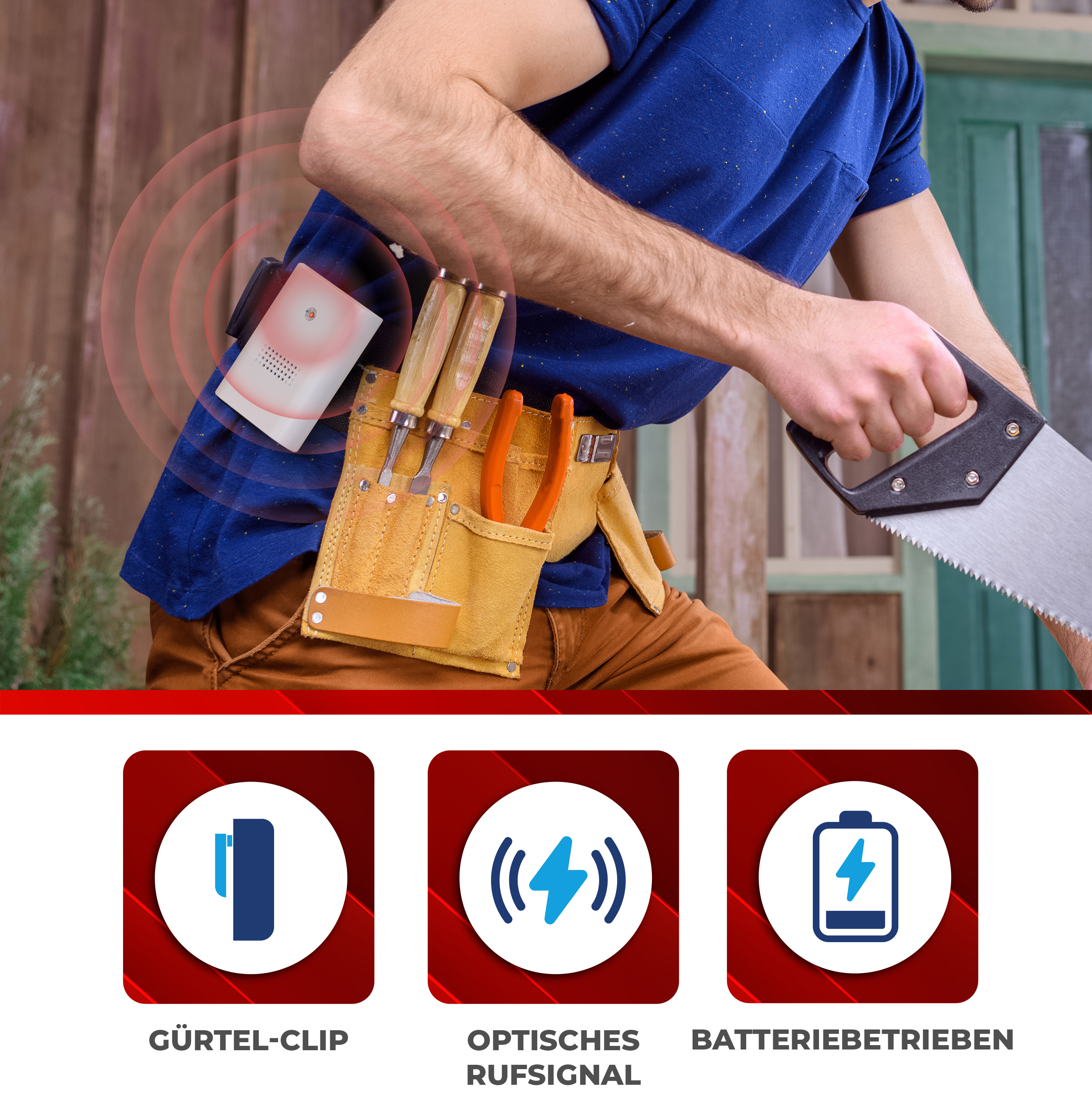 Mann im blauen Hemd mit Werkzeugen und Gerät. Icons: Gürtelclip, optisches Signal, Batteriebetrieb. Säge sichtbar.