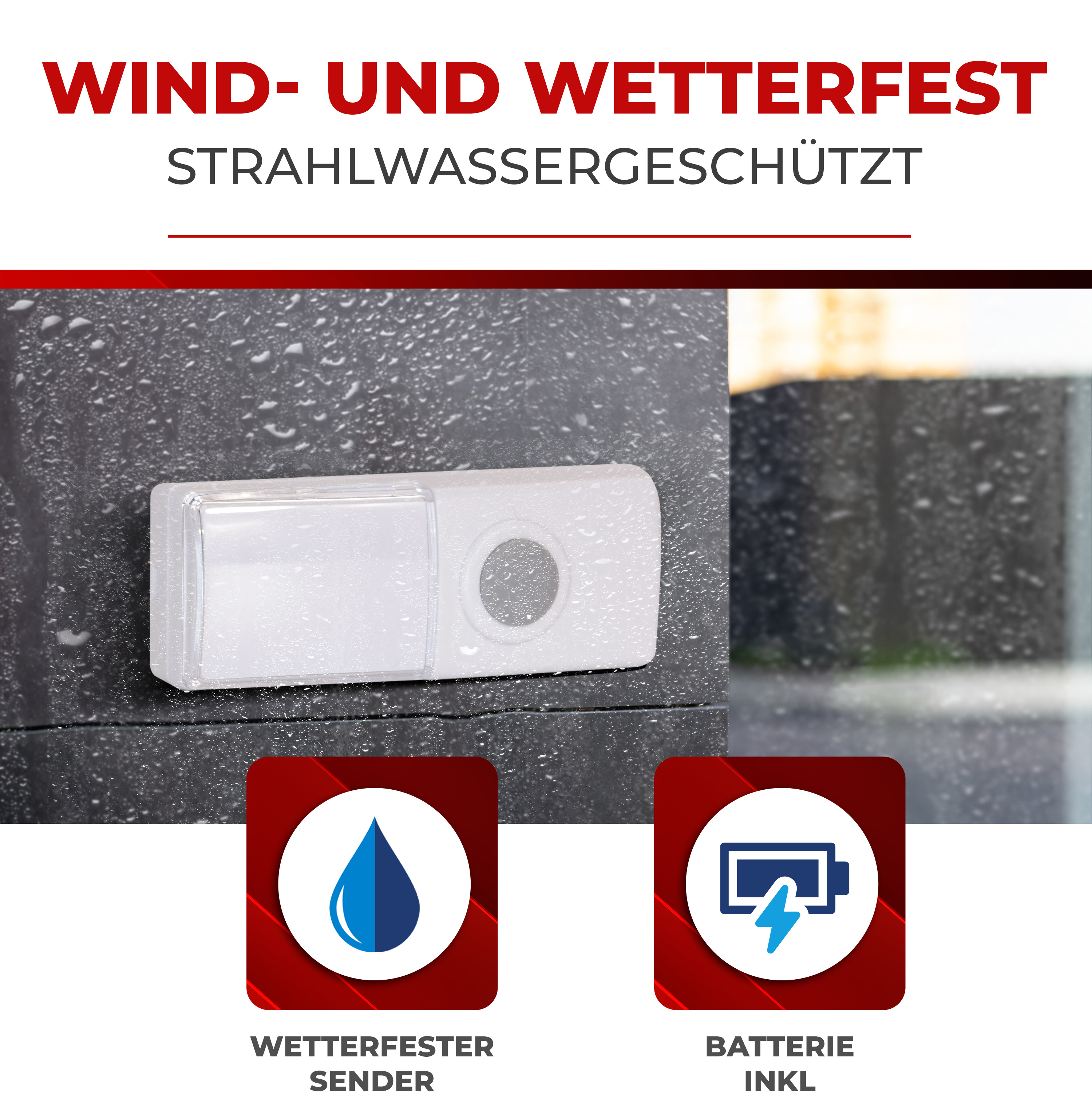 Weiße Türklingel mit Text 'WIND- UND WETTERFEST' und Symbolen für Wassertropfen und Batterie.