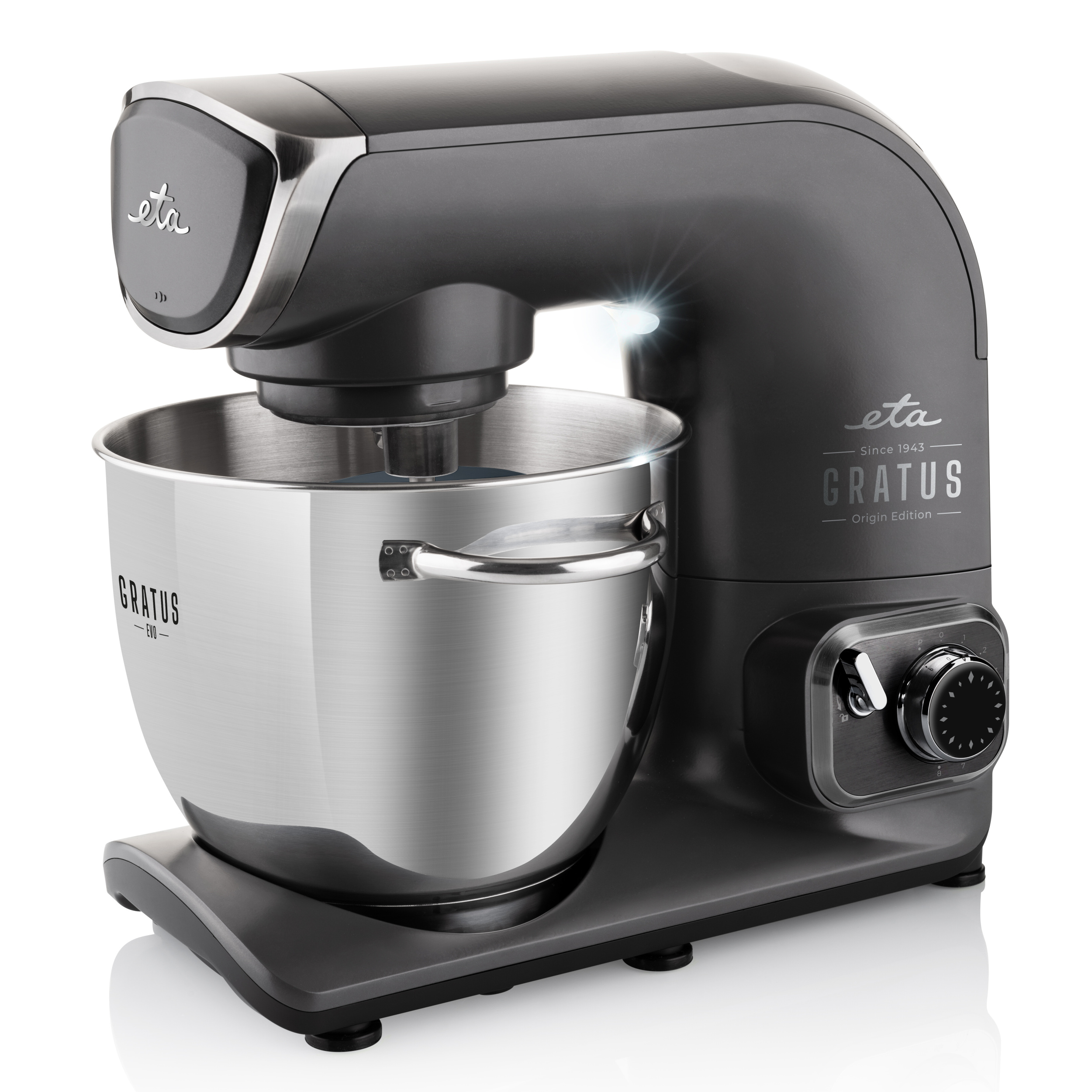 Mixer da cucina grigio con una ciotola in acciaio inox e i marchi 'eta' e 'Gratus'.