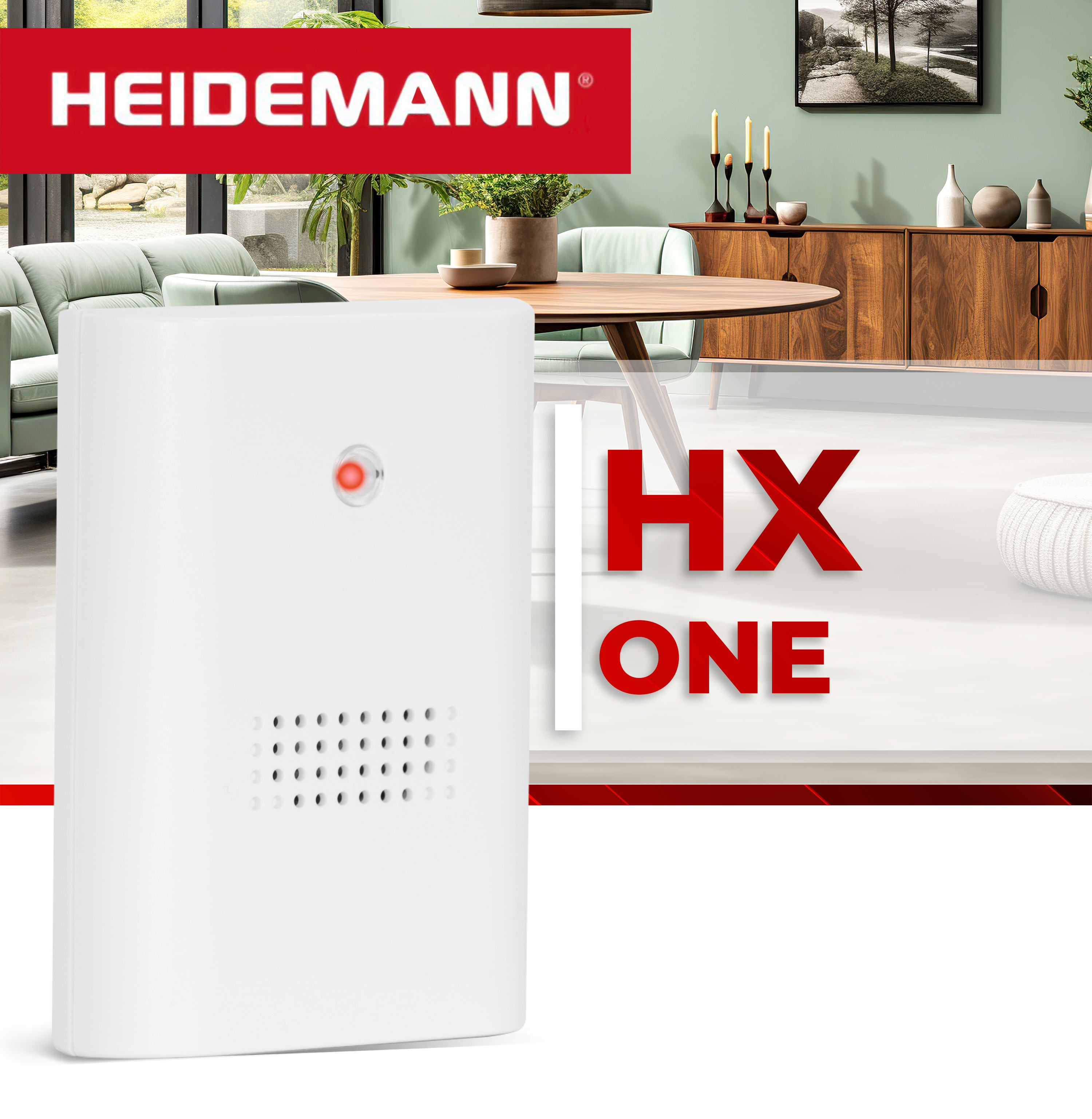 Weißes rechteckiges Gerät mit rotem Licht und Text "HX ONE". Heidemann-Markenlogo in der Ecke.