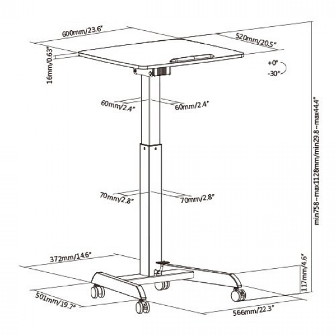 Diagram van een in hoogte verstelbaar zit-sta bureau. Afmetingen in mm en inches worden op verschillende plaatsen getoond.
