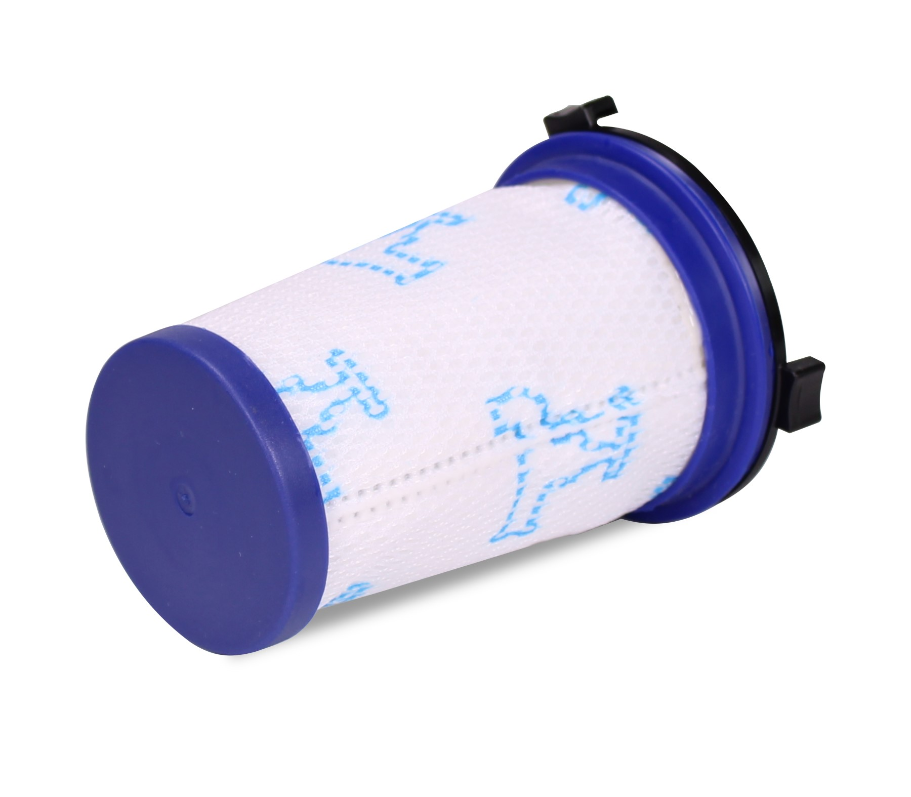 Ein zylindrischer Staubsaugerfilter mit blauen Enden und weißem Filtermaterial.