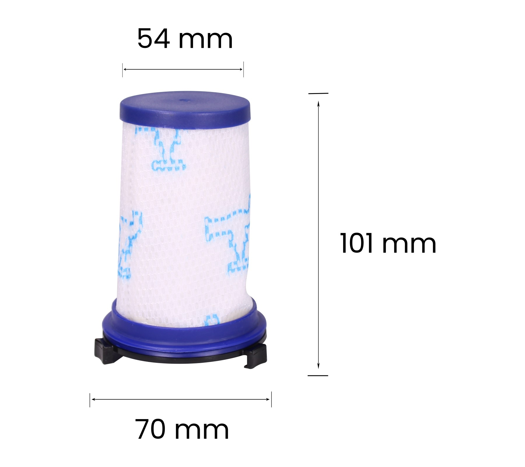 Ein weiß-blauer Filter mit den Abmessungen: 70 mm, 54 mm und 101 mm. Der Filter ist zylindrisch.