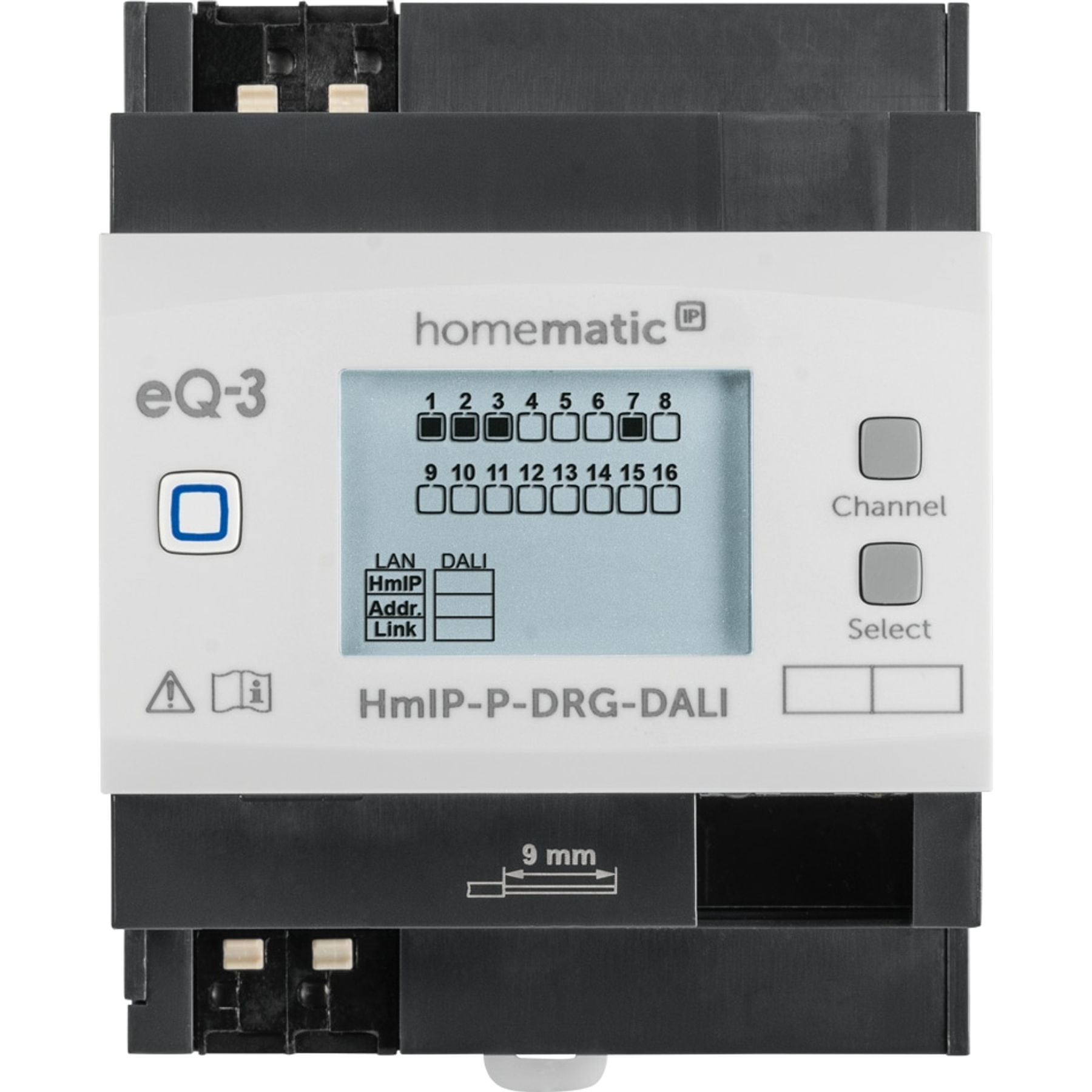 Weiß-graues Homematic eQ-3 Gerät mit Bildschirm, Knöpfen und Text. Dunkler Rahmen. Weißer Hintergrund.