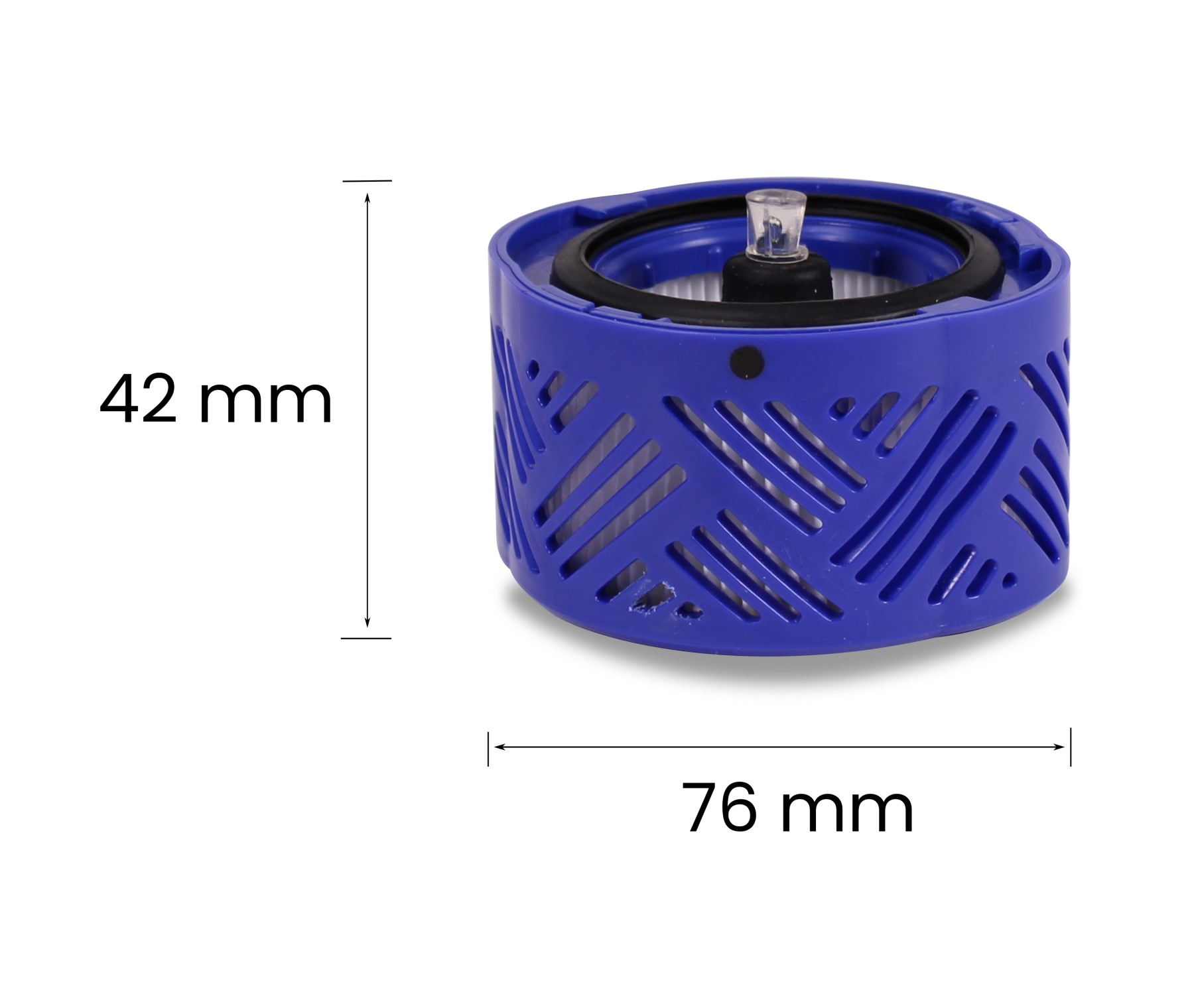 Blau-weißer zylinderförmiger Filter mit Maßen: 42 mm Höhe, 76 mm Breite.