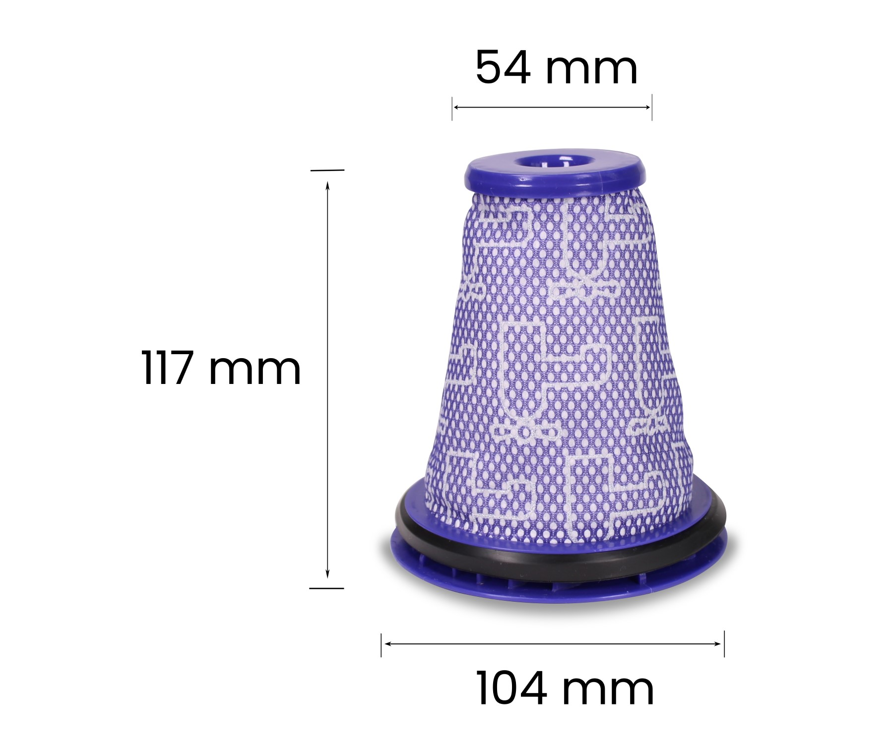 Staubsaugerfilter mit lila Mesh und schwarzem Boden. Abmessungen: 117mm hoch, 104mm Boden, 54mm oben.