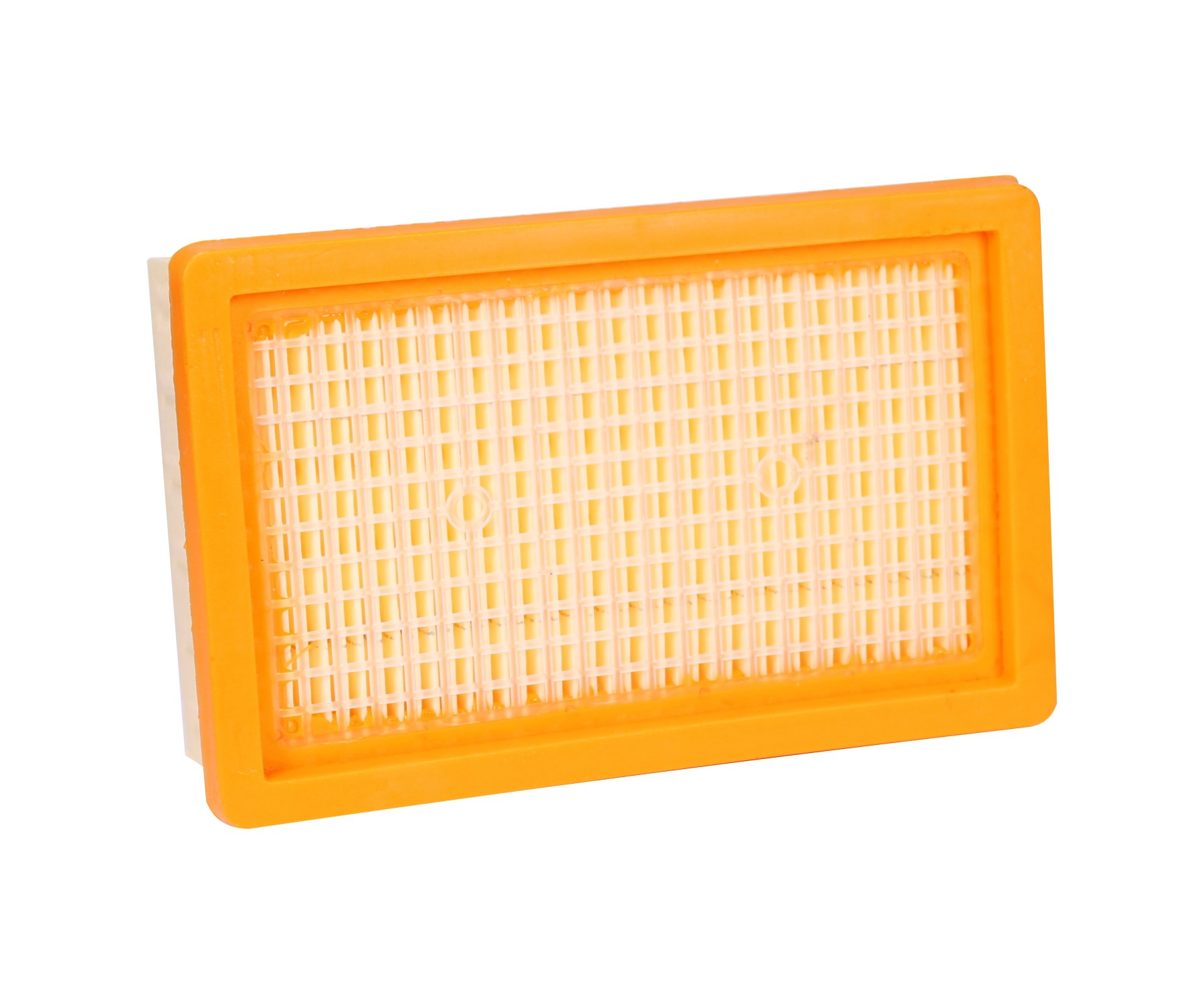 Oranger Staubsaugerfilter. Der Filter hat ein weißes Gittermuster. Weißer Hintergrund.