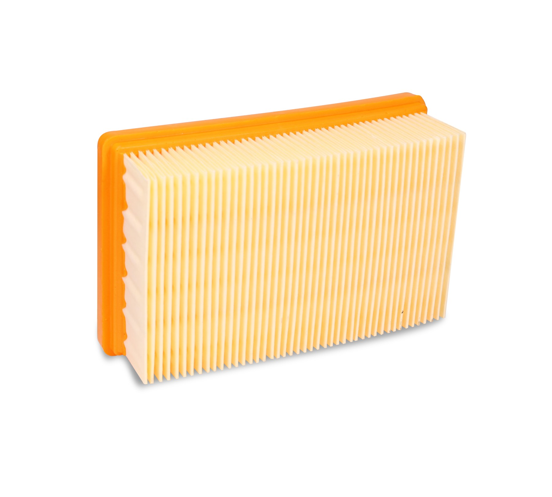 Orangener und gelber Luftfilter. Rechteckige Form mit geripptem gelbem Innenraum. Weißer Hintergrund.