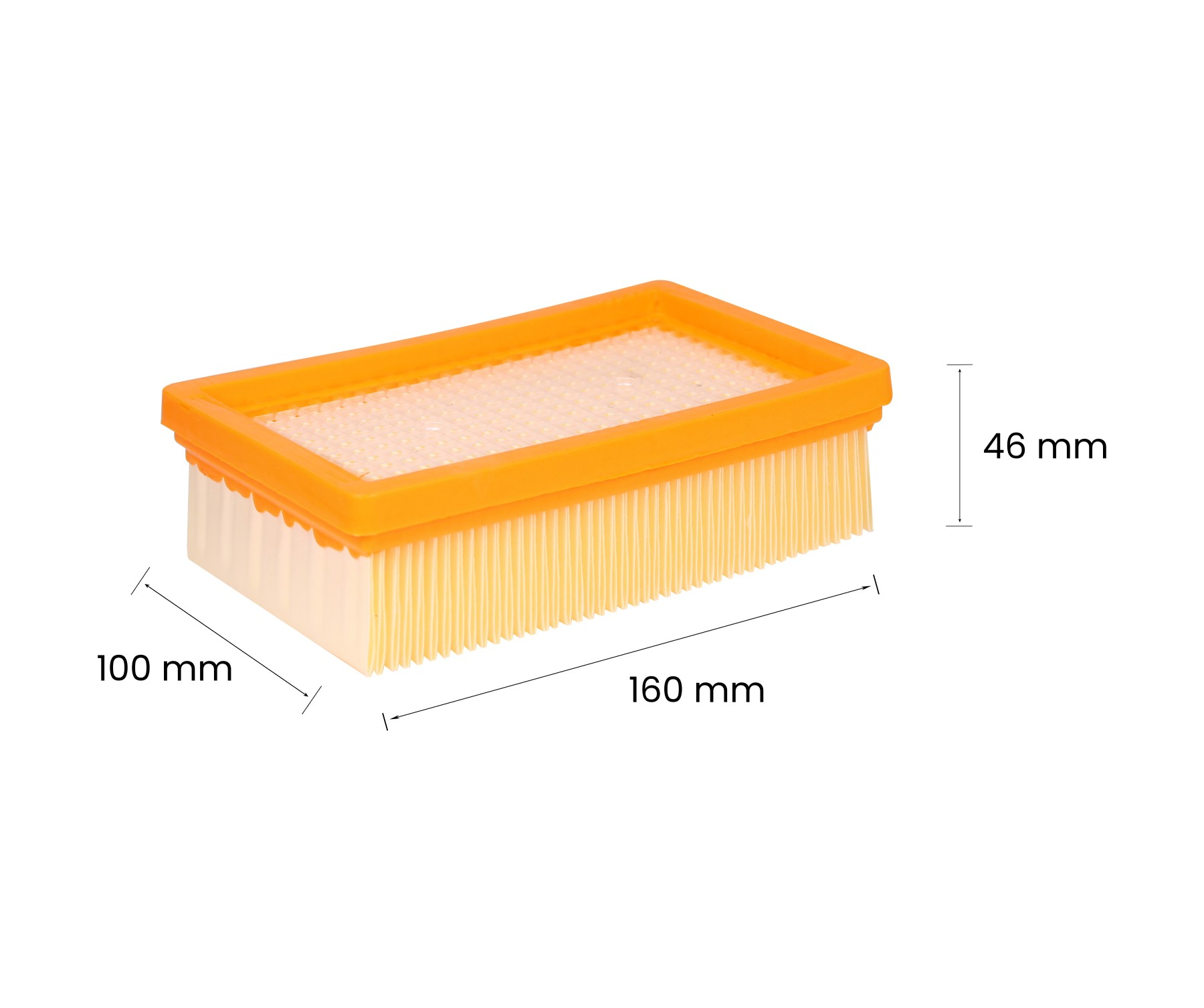 Rechteckiger Luftfilter mit beschrifteten Abmessungen. Oranger Rahmen, gelbes Filtermaterial.