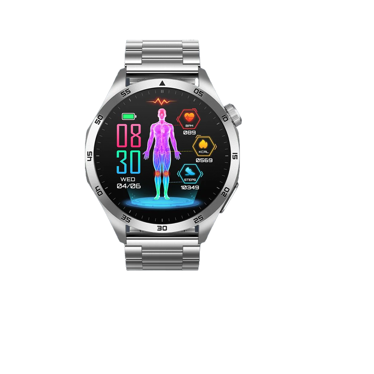 Silberne Smartwatch, die Gesundheitsmetriken auf schwarzem Hintergrund anzeigt. Text: Smartwatch.