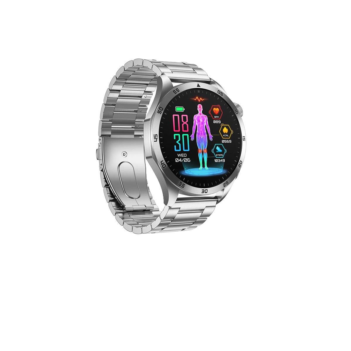 Silberne Smartwatch, die Gesundheitsmetriken auf schwarzem Hintergrund anzeigt. Text: Smartwatch.