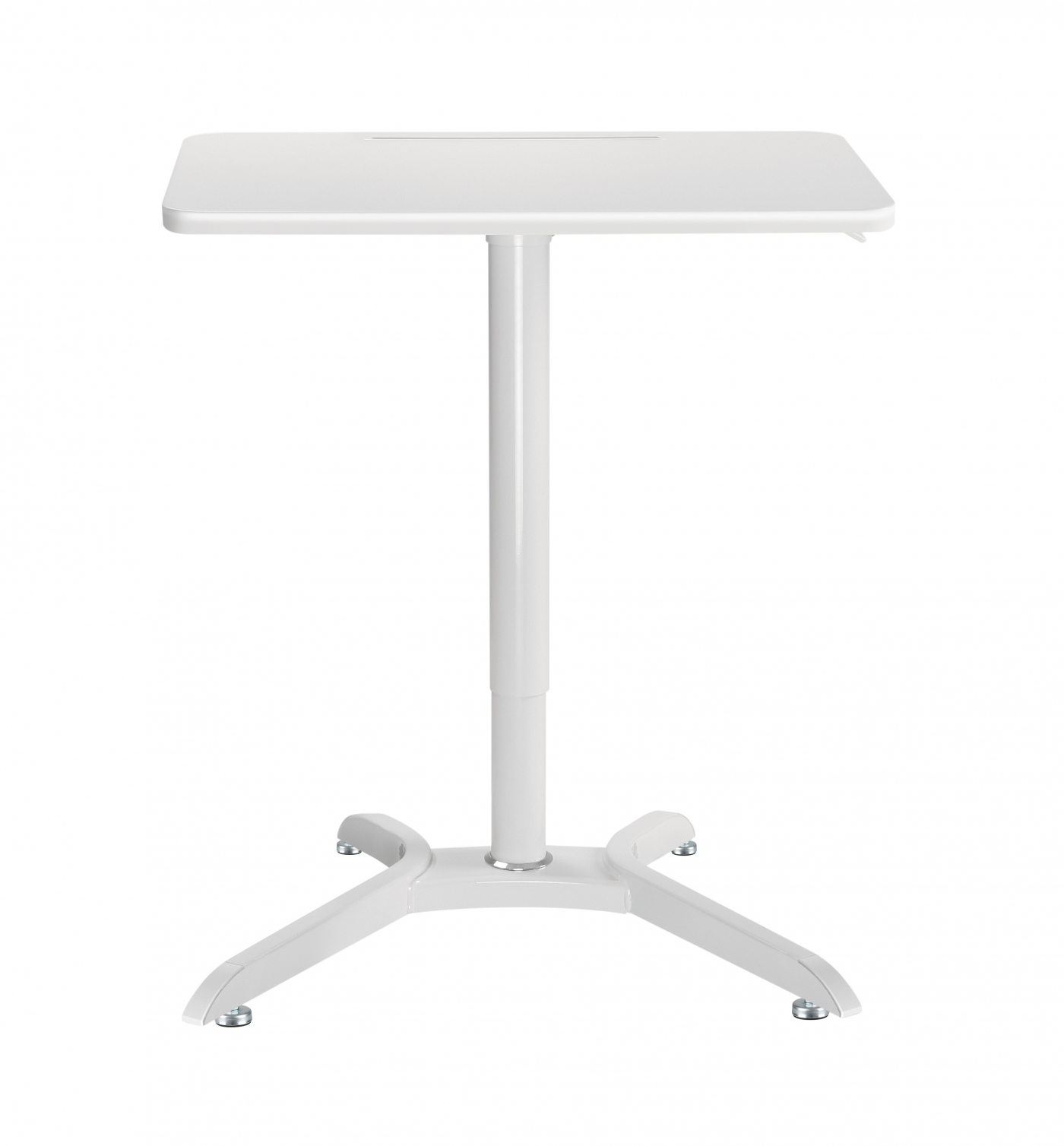 Een witte, in hoogte verstelbare staande bureau met een vierkant blad en een kruisvormige voet.