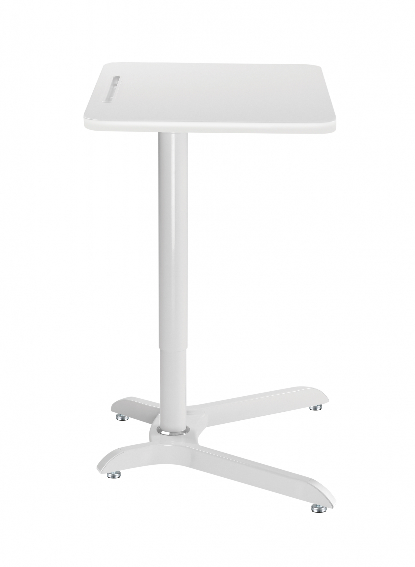 Een witte statafel met één poot en een vierkante bovenkant, op een witte achtergrond.