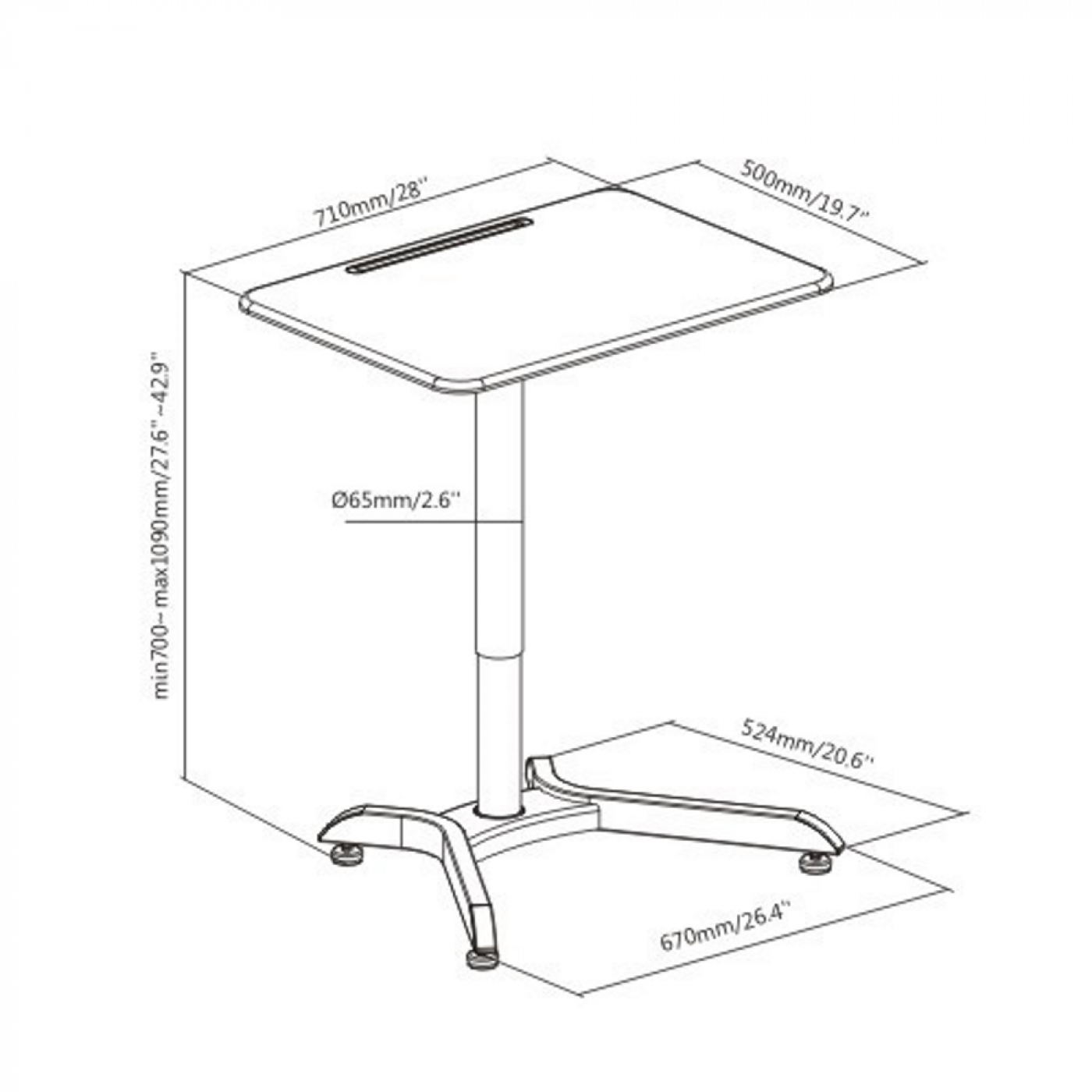 Diagram van een in hoogte verstelbare tafel met afmetingen in mm en inches.