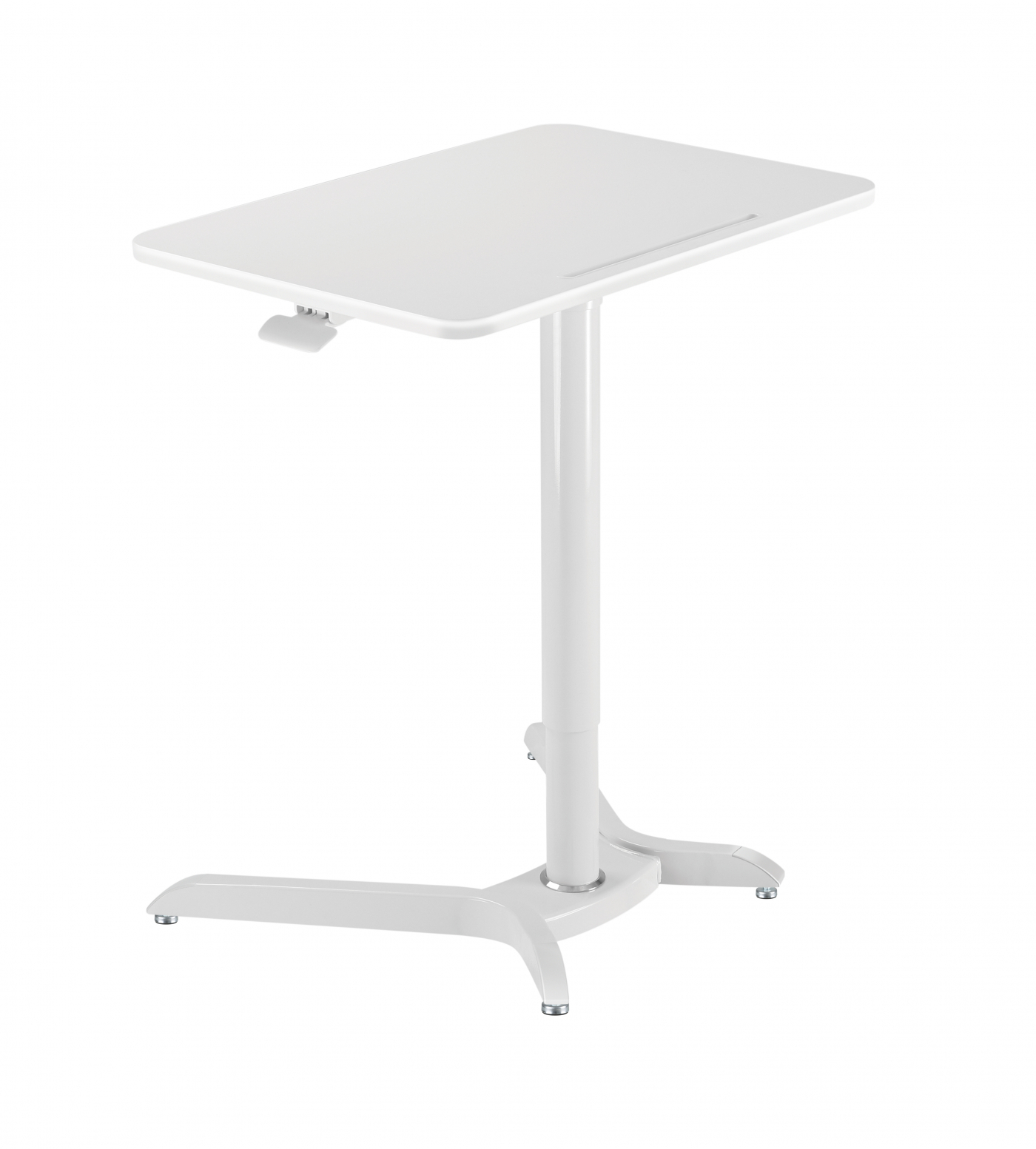 Witte verstelbare laptopstandaard met een rechthoekige bovenkant en een gebogen basis. Witte achtergrond.
