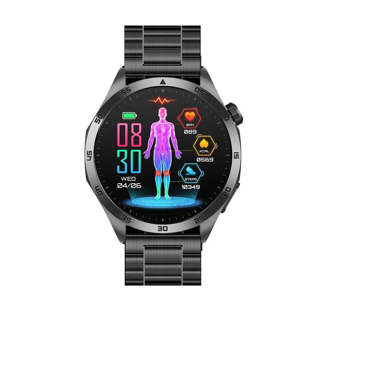Smartwatch mit Statistiken. Silbernes Gehäuse und Armband. Zeigt Herzfrequenz, Schritte, Zeit und kcal an.