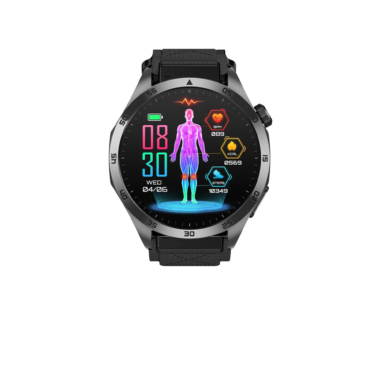 Eine schwarze Smartwatch mit kreisförmigem Display, das Gesundheitsdaten anzeigt, dunklem Hintergrund und schwarzem Armband.